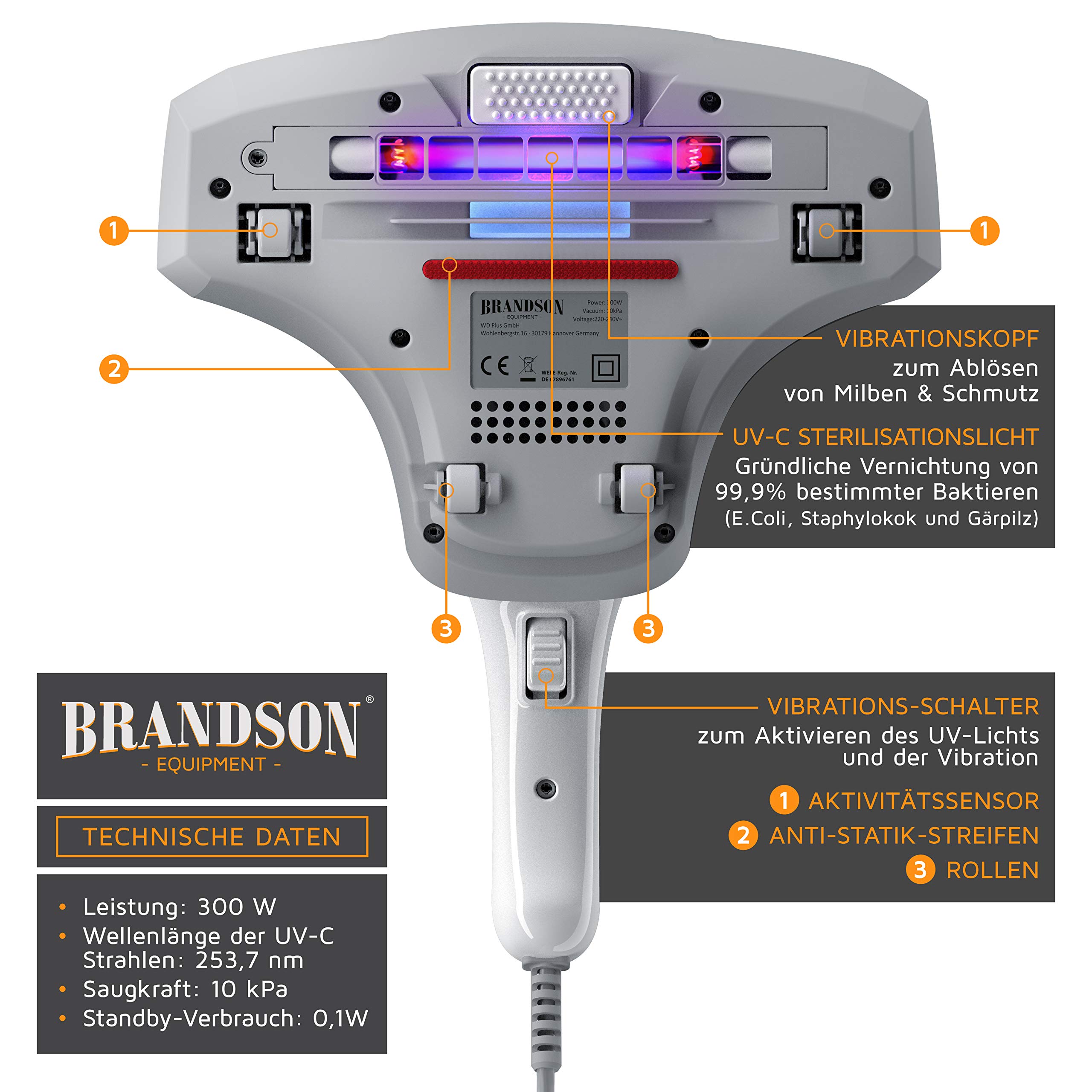 Brandson Milbenstaubsauger 300W mit UV Sterilisationslicht 150 ml für Allergiker