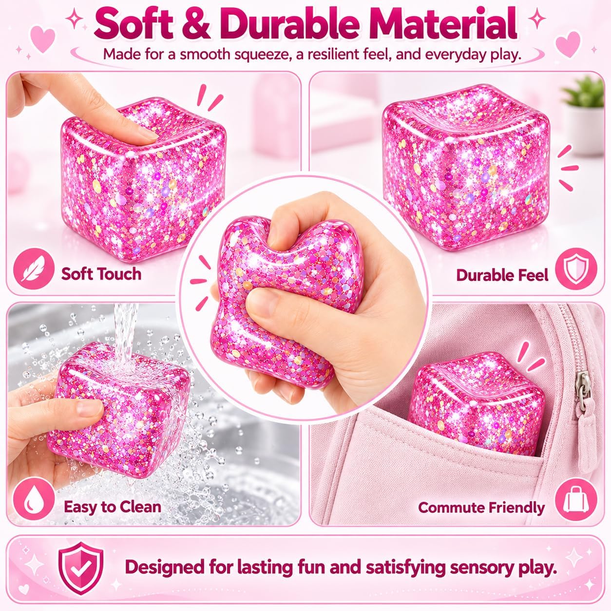 Glitter Stress Cube Squishy Stress Toy, Squeeze Sensory Cube for Desk, Shimmering Novelty Squishy Toy for Adults, Soft Gel Ball Office Accessory（Pink） image 5