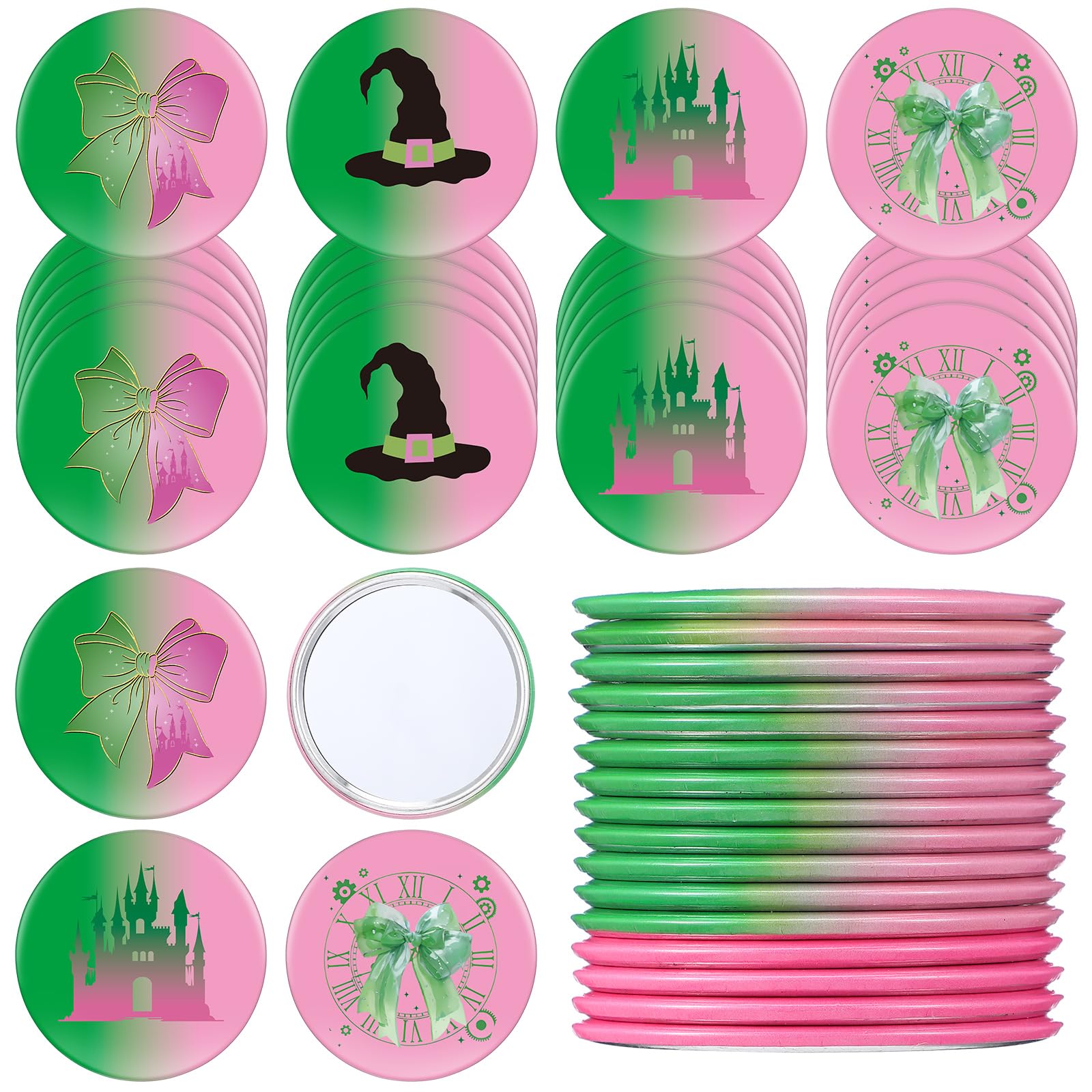 Marsui 24 Pcs Green and Pink Birthday Party Favors Witch Gifts for Girl Women Bulk Witch Mini Compact Mirror 2.76 Inch Portable Pocket Makeup Mirror