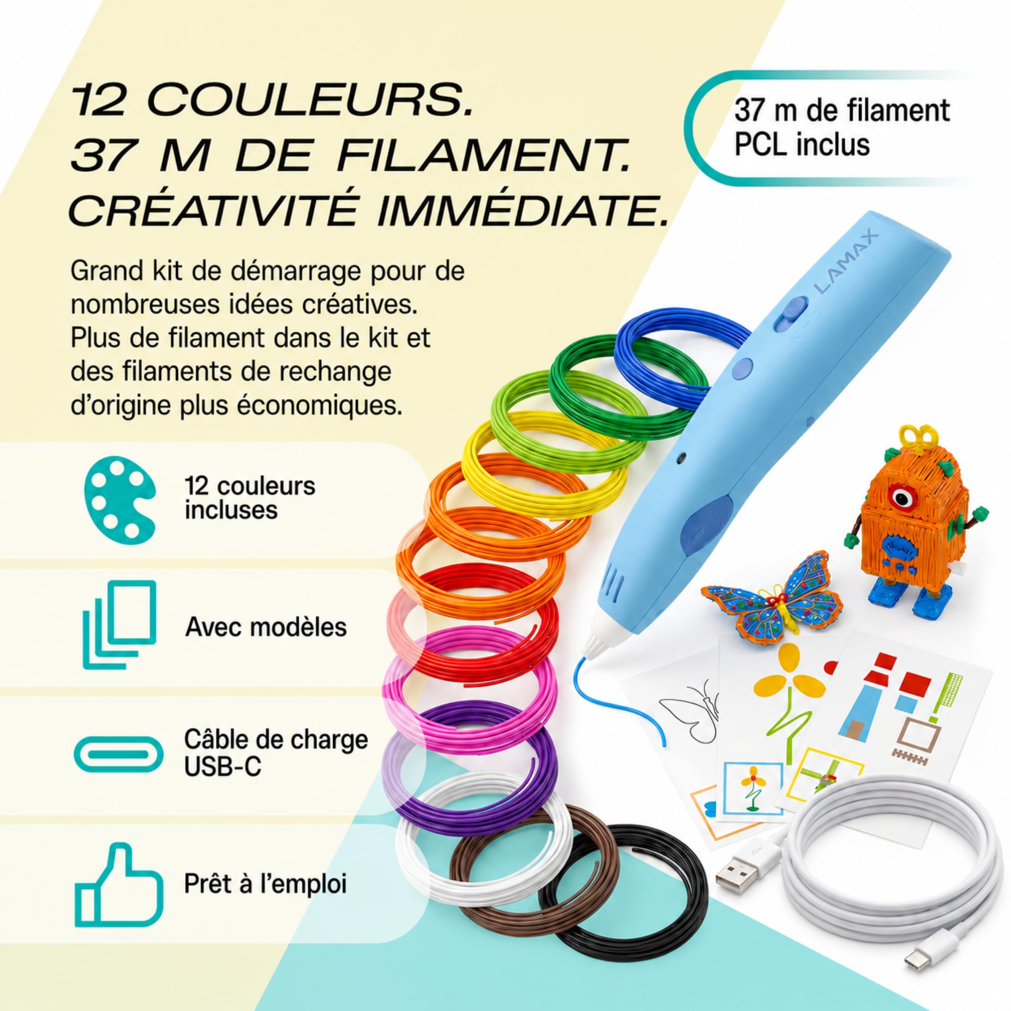 LAMAX ArtKid1 Stylo 3D, stylos 3D pour enfants, recharges hypoallergéniques non toxiques, 2 vitesses, 2 niveaux de température, 12 recharges, diamètre du filament (remplissage) 1,75 mm (bleu)