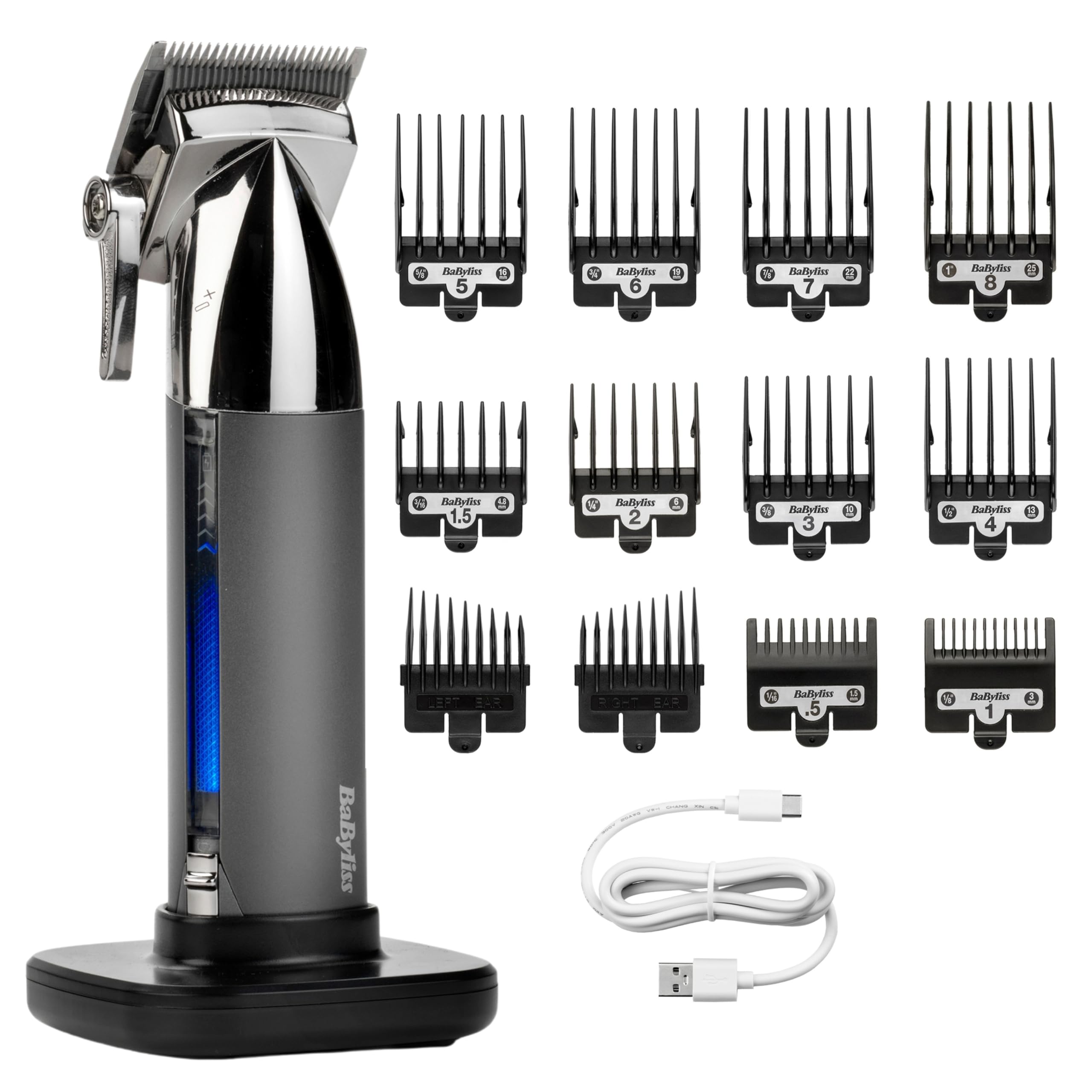 BaByliss Tondeuse cheveux sans fil Super-X Metal, Lames en acier japonais, 10 sabots, 2 sabots oreille, Batterie lithium, affichage digital, Poignée en métal, noir, E996E