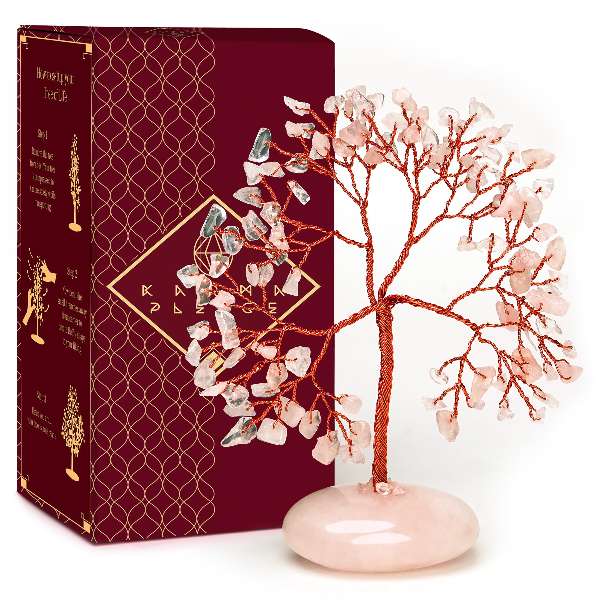 Rose Quartz Crystal Tree of Life Birthday Gifts for Women, Mom, Aesthetic Home Decoration, Office Desk Decor, Bonsai Feng Shui Chakra Tree for Positive Energy, Good Luck, Money, Reiki Healing Stone