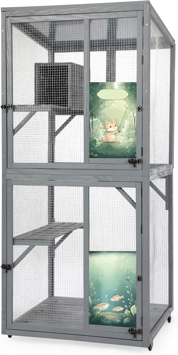 Outdoor Wood Cat Enclosure with Wheels,70-Inch Cat Window House, Platforms, Resting Condo, Lockable Doors, Sunshine Roof, Personalized Color Panels, Gray