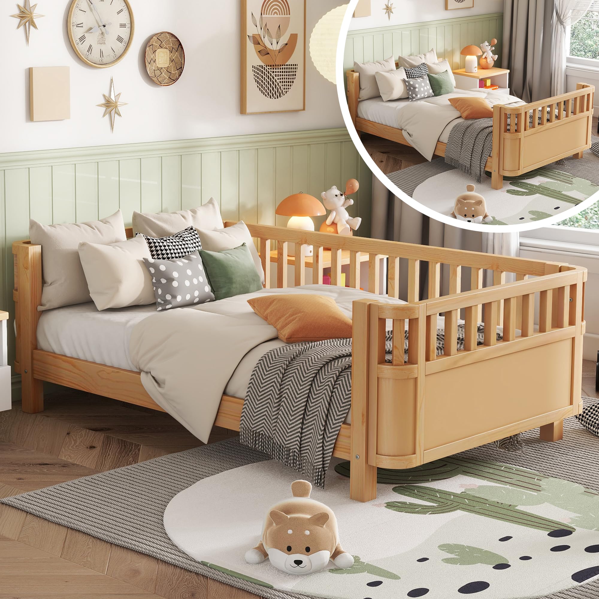 Twin Size Kids Bed with Rails, Wood Twin MontessoriBed Frame with Slats Support, Low to Ground Modern Baby Bed Daybed with Detachable Side Rails for Boys Girls Bedroom, Natural