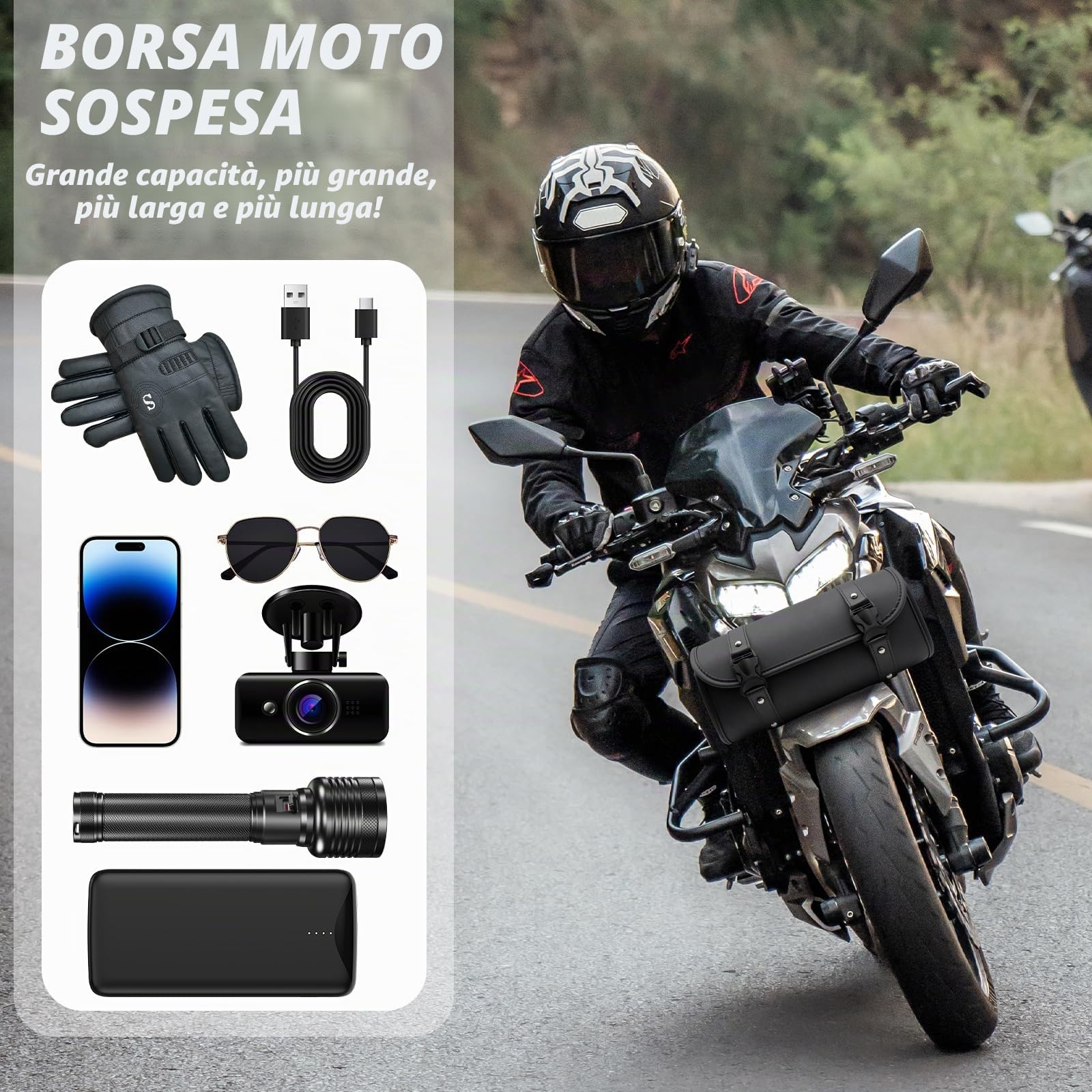 Borsa Attrezzi da Moto Impermeabile in Pelle – Borsa da Sella e Laterale Universale, con 2 Cinghie di Fissaggio per Manubrio e Forcella per Maggior Parte Delle Motociclette e Fuoristrada