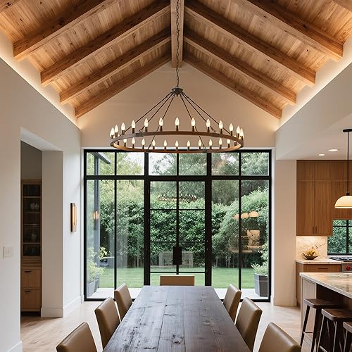 Miniatura 9 de Lámpara de araña de rueda de carreta de madera de nogal negro de 53", 30 luces rústicas de granja con bombillas E12, iluminación colgante redonda