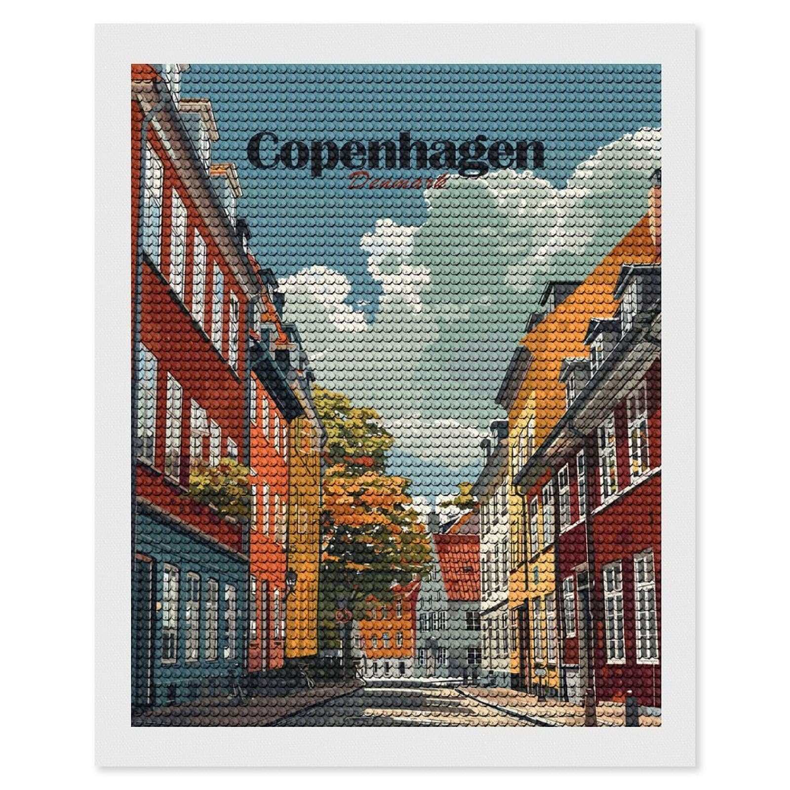 Junmoney Copenhagen Denmark Cityscape Art Print Diamond Painting Canvas Set 16"x20", for Adults, Decorate Your Room, Festive Craft Gift, Office Decor