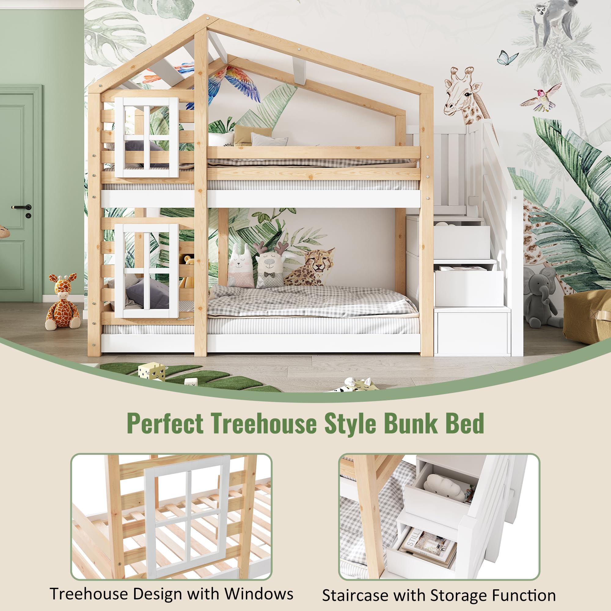 Rtopsu Letto per Bambini a Castello 90x200 cm, Letto per Ragazzi con Scaletta e Contenitore Cassetti, Letti a Soppalco con Sponde e Finestra, Letti con Rete a Doghe, Naturale e Bianco, Senza Materasso