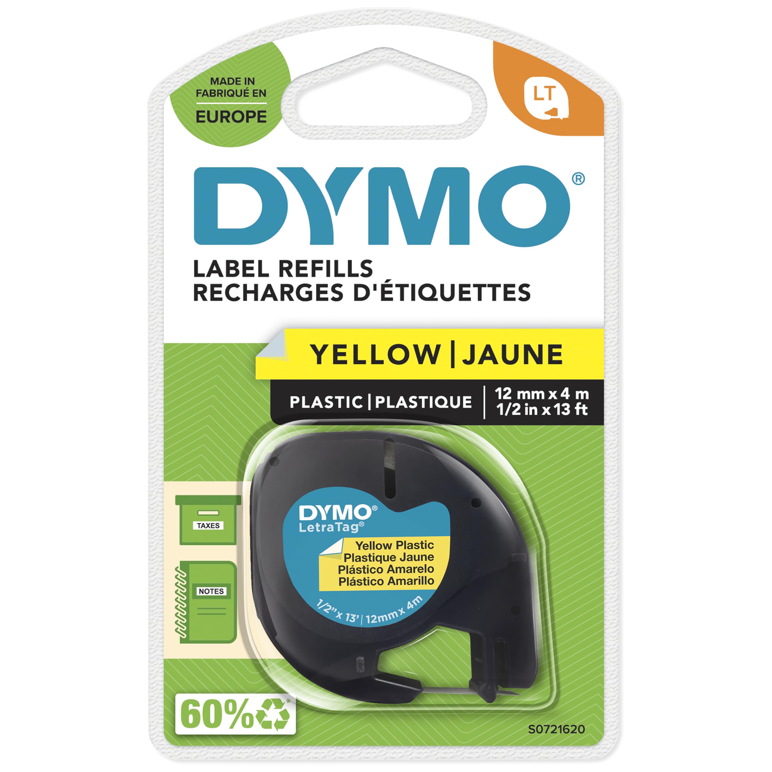 DYMO Authentic LT Plastic Labels | 12mm x 4m Roll | Black Print on Yellow Labels | for LetraTag Label Makers