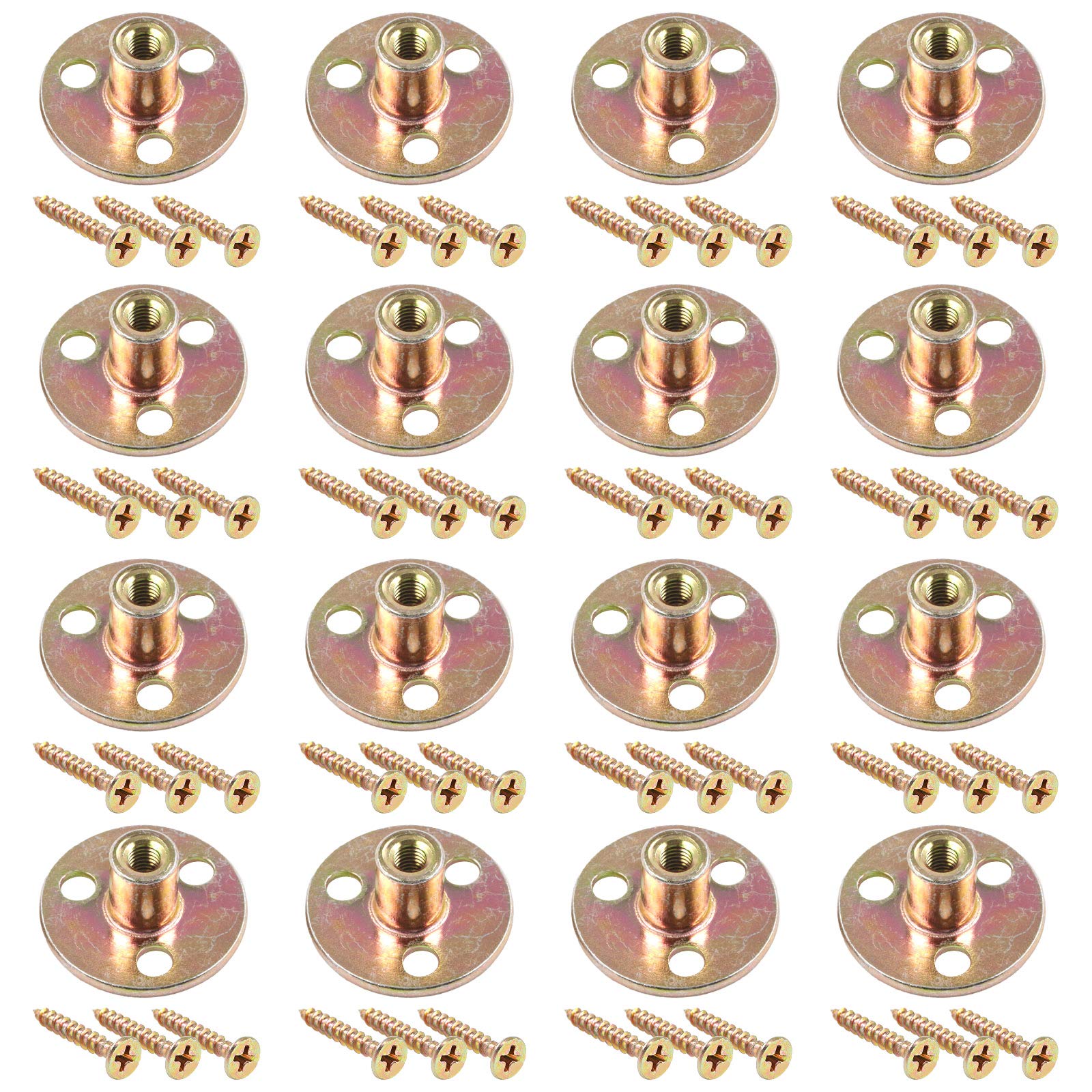 Glarks 64Pcs M6(1/4'') Brad Hole Tee Nut with Mounting Screws Set Zinc Plated Carbon Steel 3-Hole T-Nuts Furniture Hardware Flange Insert Female Thread for Wood Furniture