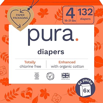 Pura Sensitive Skin Baby Diapers | Size 4 (18-31 lbs) | Hypoallergenic, Totally Chlorine Free, Fragrance Free, Up to 12-Hour Leak Protection | 6 Packs of 22 (132 Diapers)