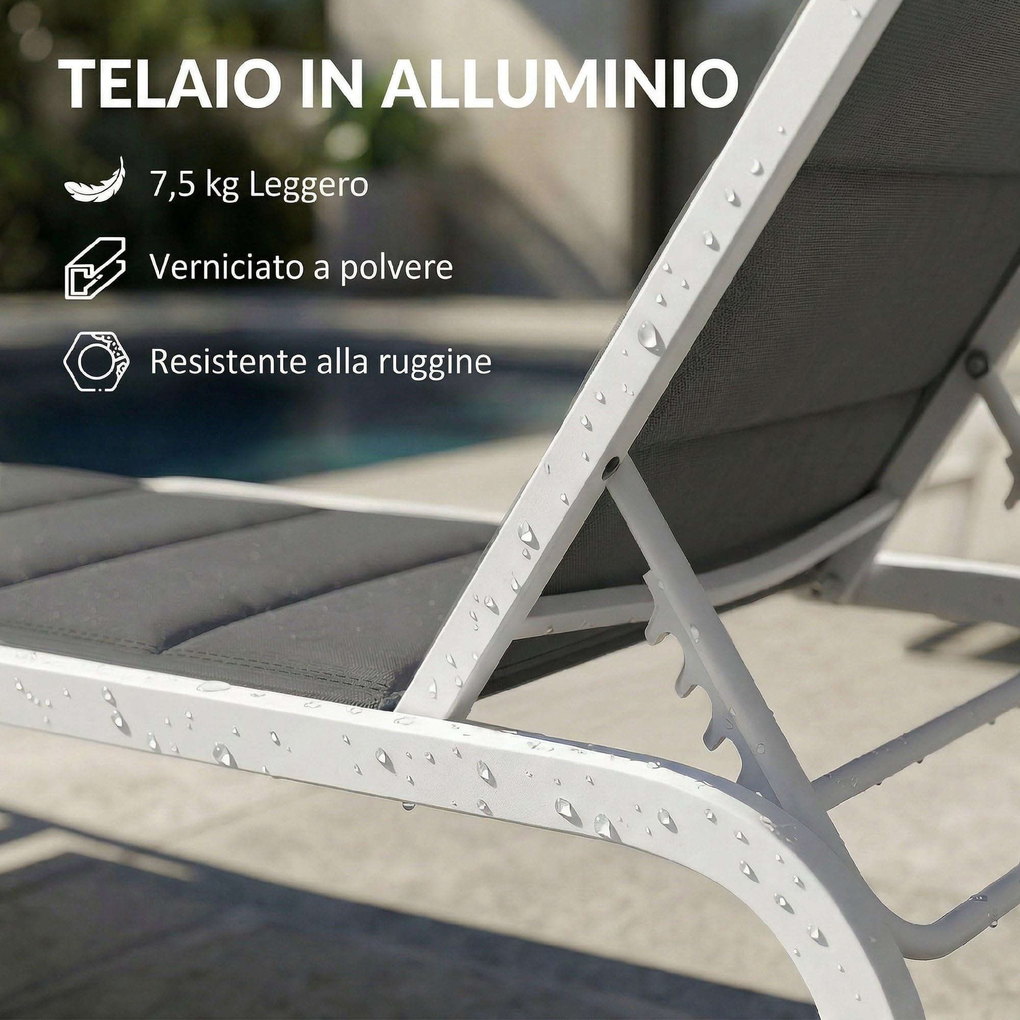 Outsunny Lettino Prendisole da Giardino con Ruote Grigio Scuro e Bianco | Schienale Regolabile 6 Livelli, Sdraio da Giardino in Texteline, Telaio in Alluminio, per Piscina Terrazzo