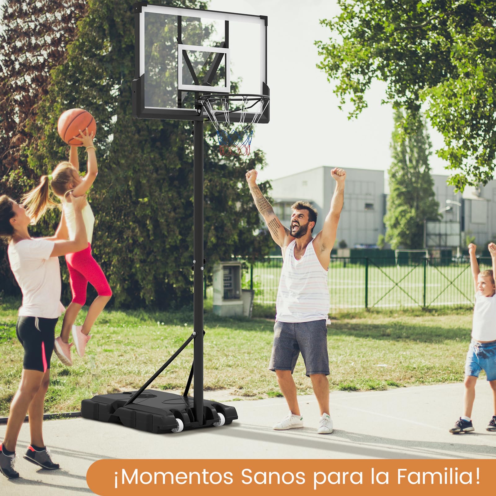COSTWAY Canasta de Baloncesto, Altura Ajustable 165-305 cm, Canasta de Baloncesto con Base Rellenable, Red de Repuesto, Niños/Adolescentes/Adultos, Interiores Exteriores