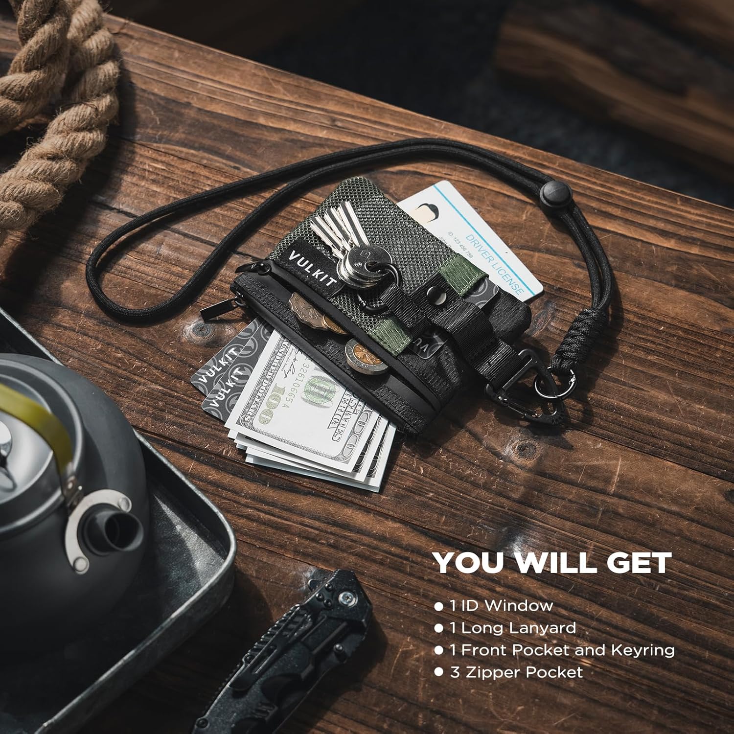 VULKIT Small Minimalist Wallet for Women and Men RFID Blocking, Zipper Coin Pouch with ID Window and Keychain, Water Resistant Nylon Travel Lanyard Wallet Army Green Black - Image 4