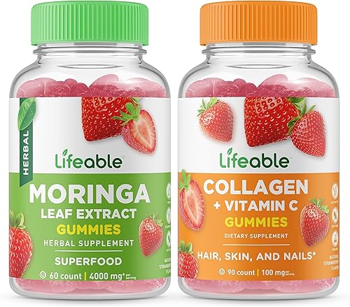 Lifeable Paquete de gomitas de hoja de moringa + colágeno y vitamina C, gran sabor, suplemento vitamínico, sin gluten, sin OMG, gomita masticable