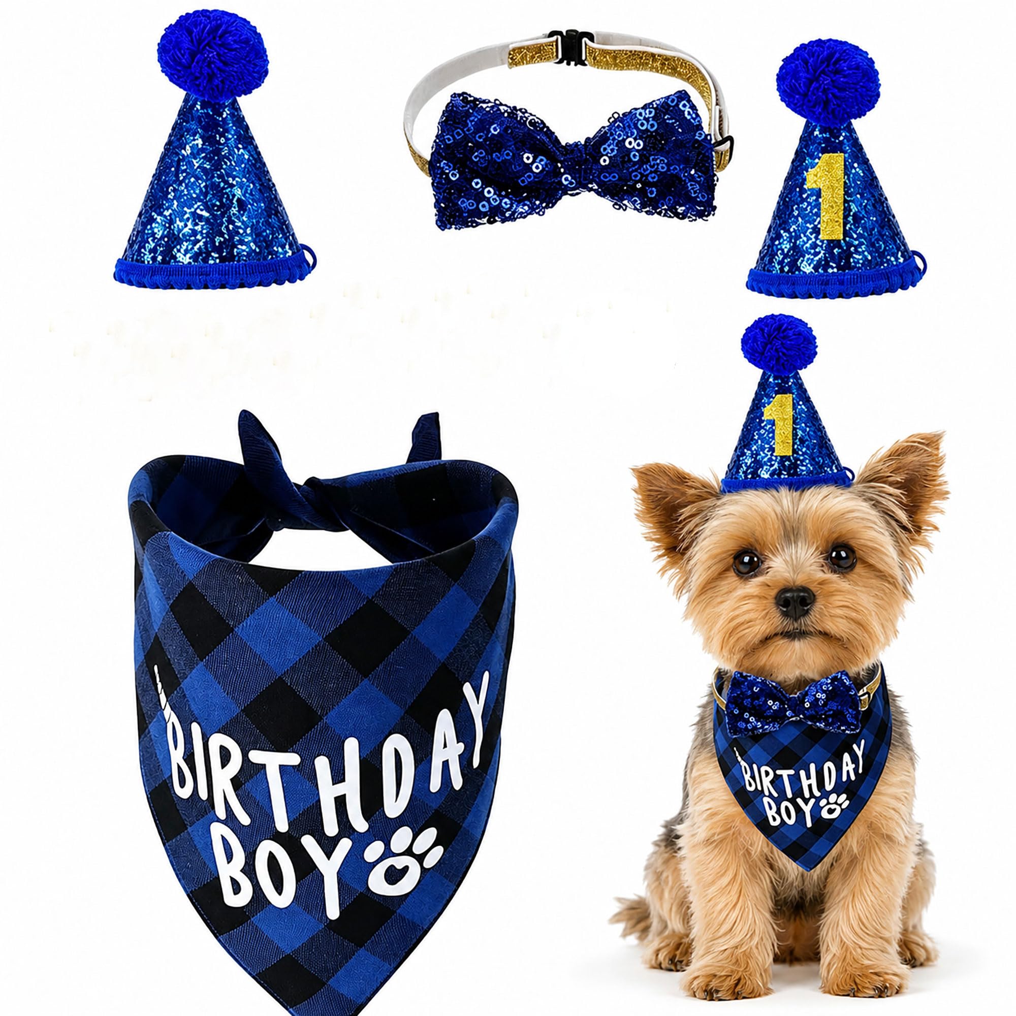 Dog Birthday Hat and Bandana Set - Blue Pet Birthday Outfit with Bow Tie Collar and Gold Number Stickers - Birthday Boy Dog Bandana for Puppy Cat Party Photos