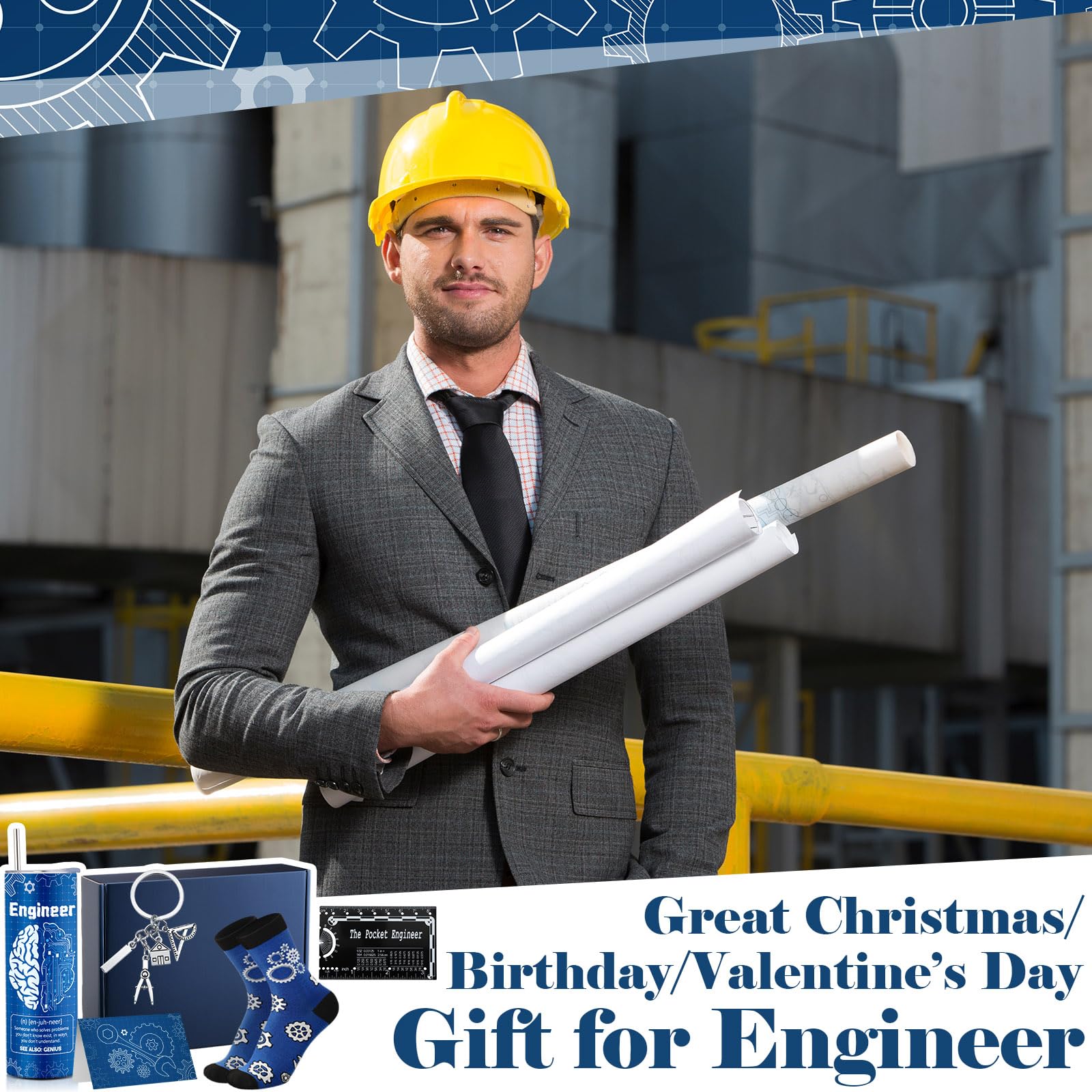 Geiserailie 6 Pcs Graduation Engineer Gifts Set for Men Include Tumbler Cup, Engineering Ruler, Socks, Keychain, Greeting Card, Gift Box for Mechanical Engineering Student Retirement Graduation