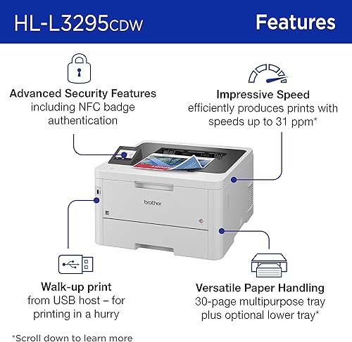 Miniatura 3 de Brother HL-L3295CDW Impresora digital inalámbrica compacta a color con salida de calidad láser, dúplex, NFC, móvil y Ethernet  Incluye 4 meses de
