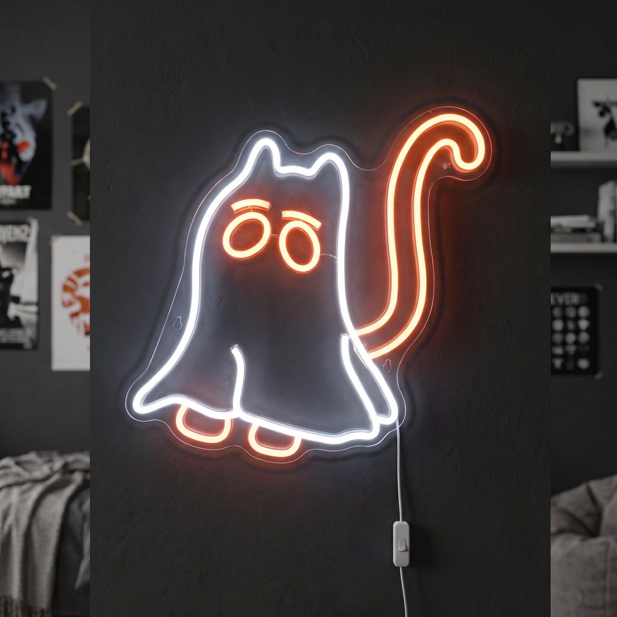 Operitacx Enseigne lumineuse néon chat fantôme - Adorable néon LED d'Halloween - Lampe fantôme alimentée par USB pour décoration murale de chambre, fenêtre, décor de club et de fête -