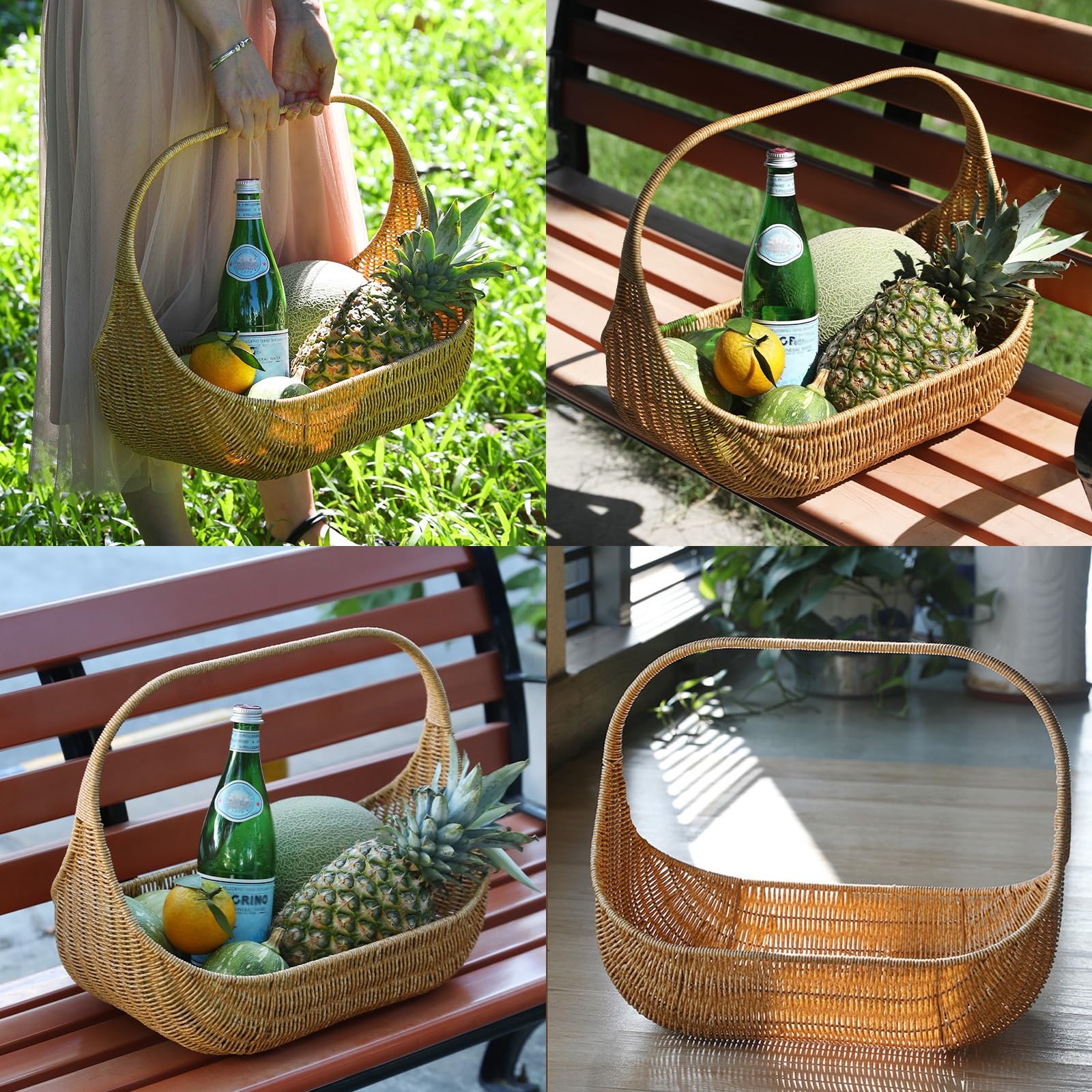 Geflochtener Picknickkorb, großer Korb aus PP-Geflecht, Erntekorb für den Außenbereich mit verstärktem Griff, zum Sammeln von Obst, Gemüse und anderen Gegenständen(XL 43.5x29x35.5cm)