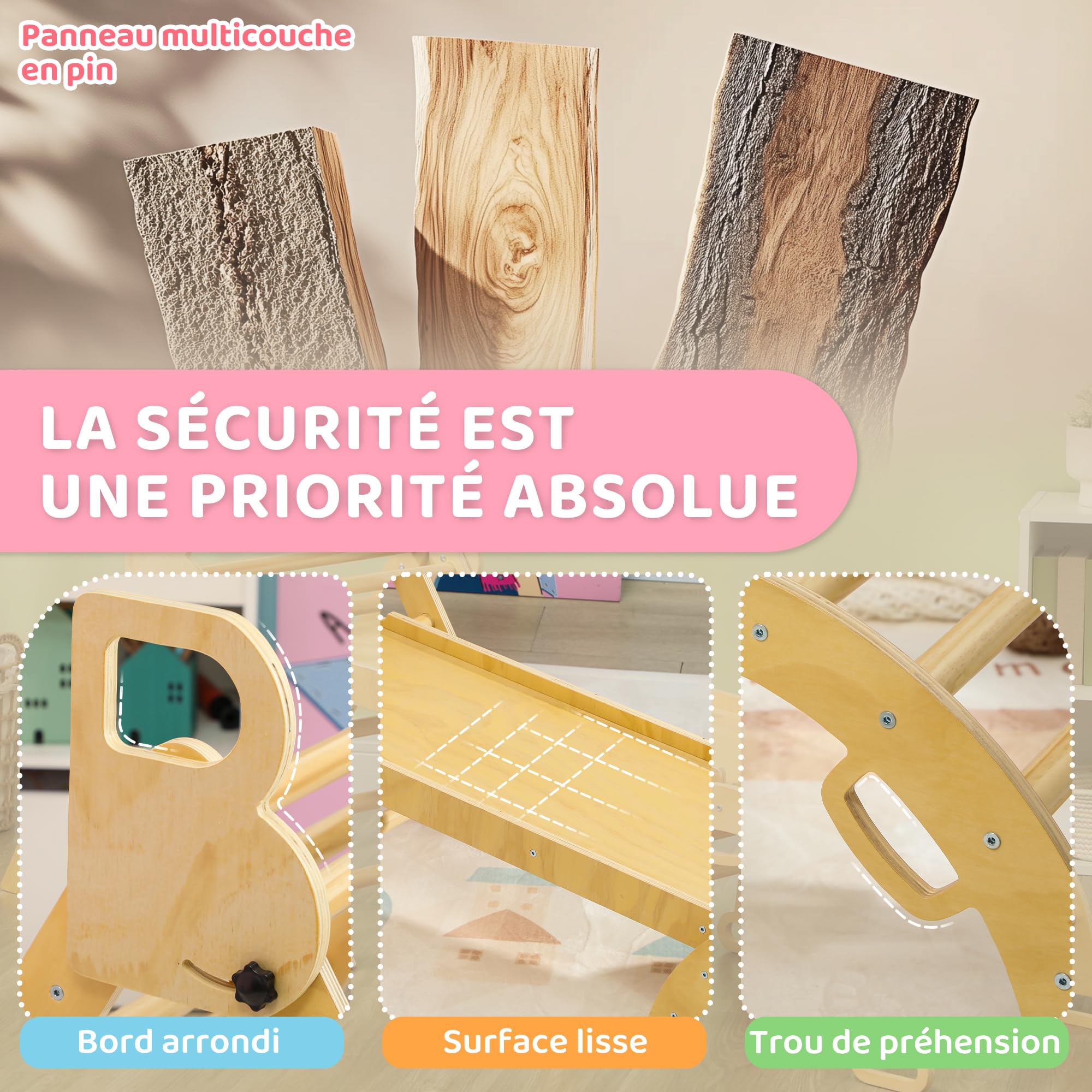 AIYAPLAY Triangle Arche d'escalade Enfants 5 en 1 50 kg Effet Bois Naturel | Avec Triangle d'Escalade, Rampe Réversible, Toboggan, Bascule, pour Bébé 18-48 Mois, Parcours Motricité Bébé