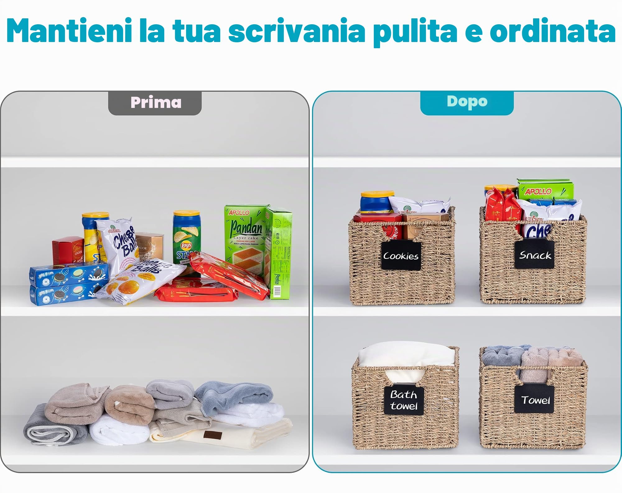 Set di 4 cestini rettangolari per l'erba marina, cestino pieghevole in vimini, per bagno, soggiorno, 26,5 x 24 x 19 cm