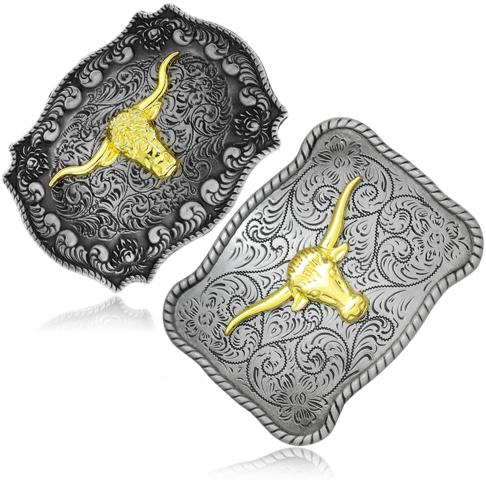 RechicGu 2 Pieces Turquoise Long Horn Bull Belt Buckles Vintage Western Cowboy Belt Buckle for Men Women, 2 Styles