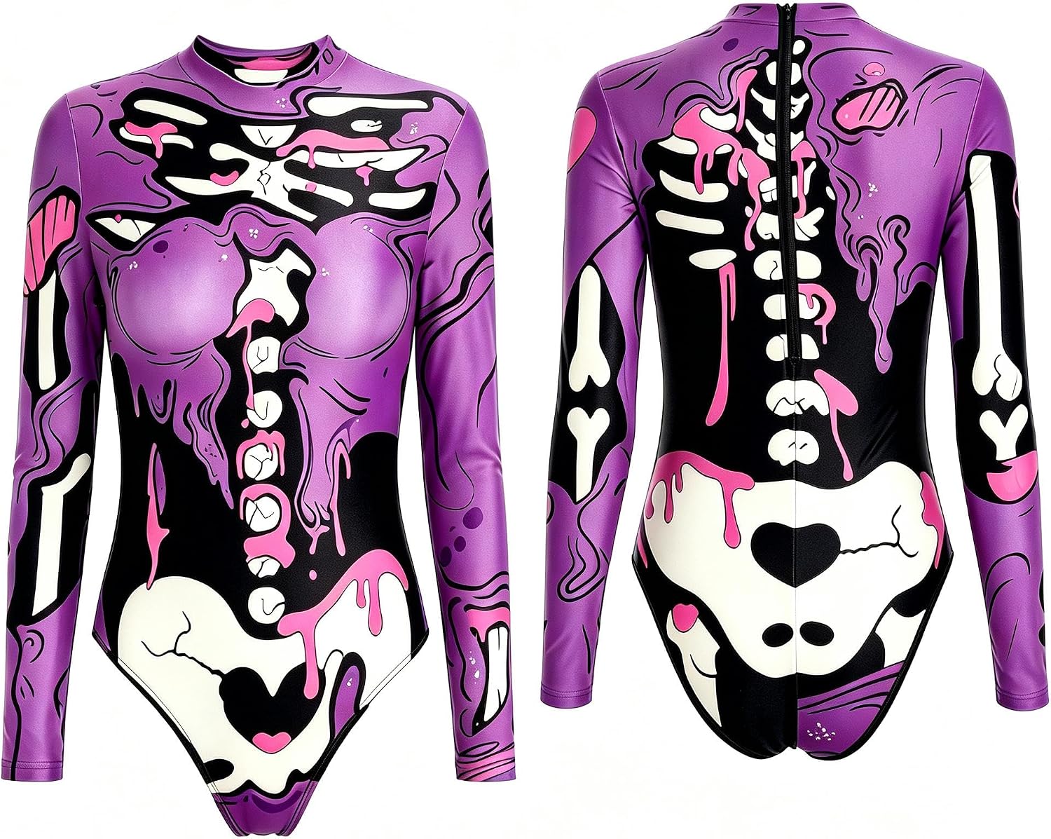 Women's Skeleton Halloween Costume Bodysuit, Long Sleeve Full-Body Skull Print Jumpsuit Catsuit for Cosplay Party