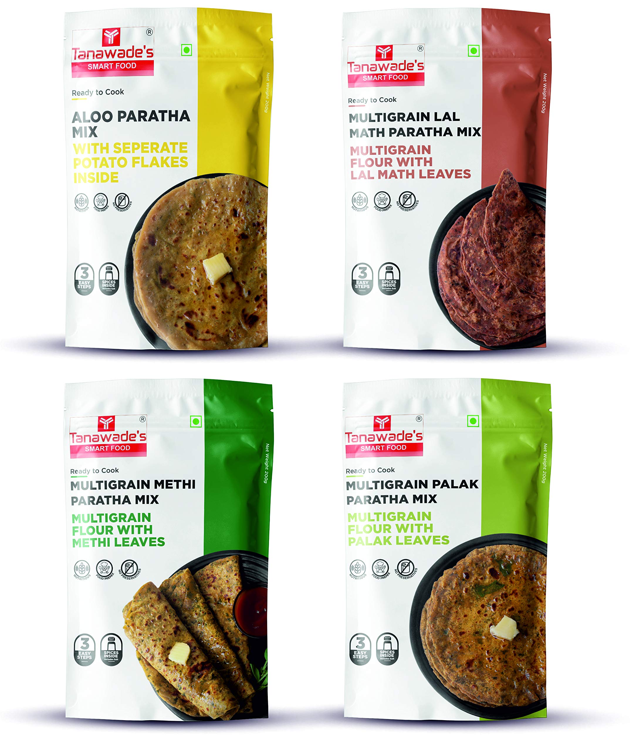 Tanawades Smart Food Paratha Combo,(Buy 3 Get 1 Free) Instant Aloo Paratha, Methi Paratha, Lal Math Paratha, Palak Paratha Mix, Ready to Cook, Home Food & Flavours, Pack of 4 (one of Each) (B074DG5895) Amazon Price History, Amazon Price Tracker