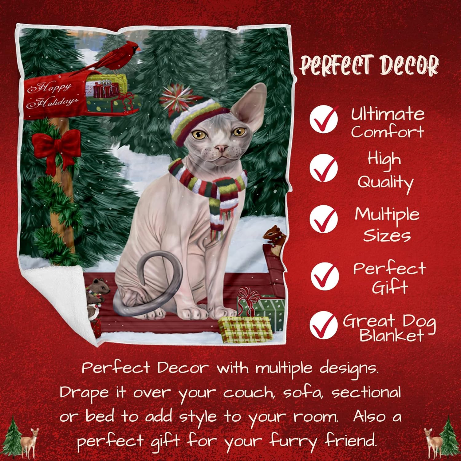 Doggie of the Day Sphynx Cat Blanket - Merry Christmas Woodland Sled - Super Soft & Warm Pet Theme for Sofa or Bed, Warm Fleece, Sherpa or Woven Material, BLNKT51516 (50x60 Sherpa)