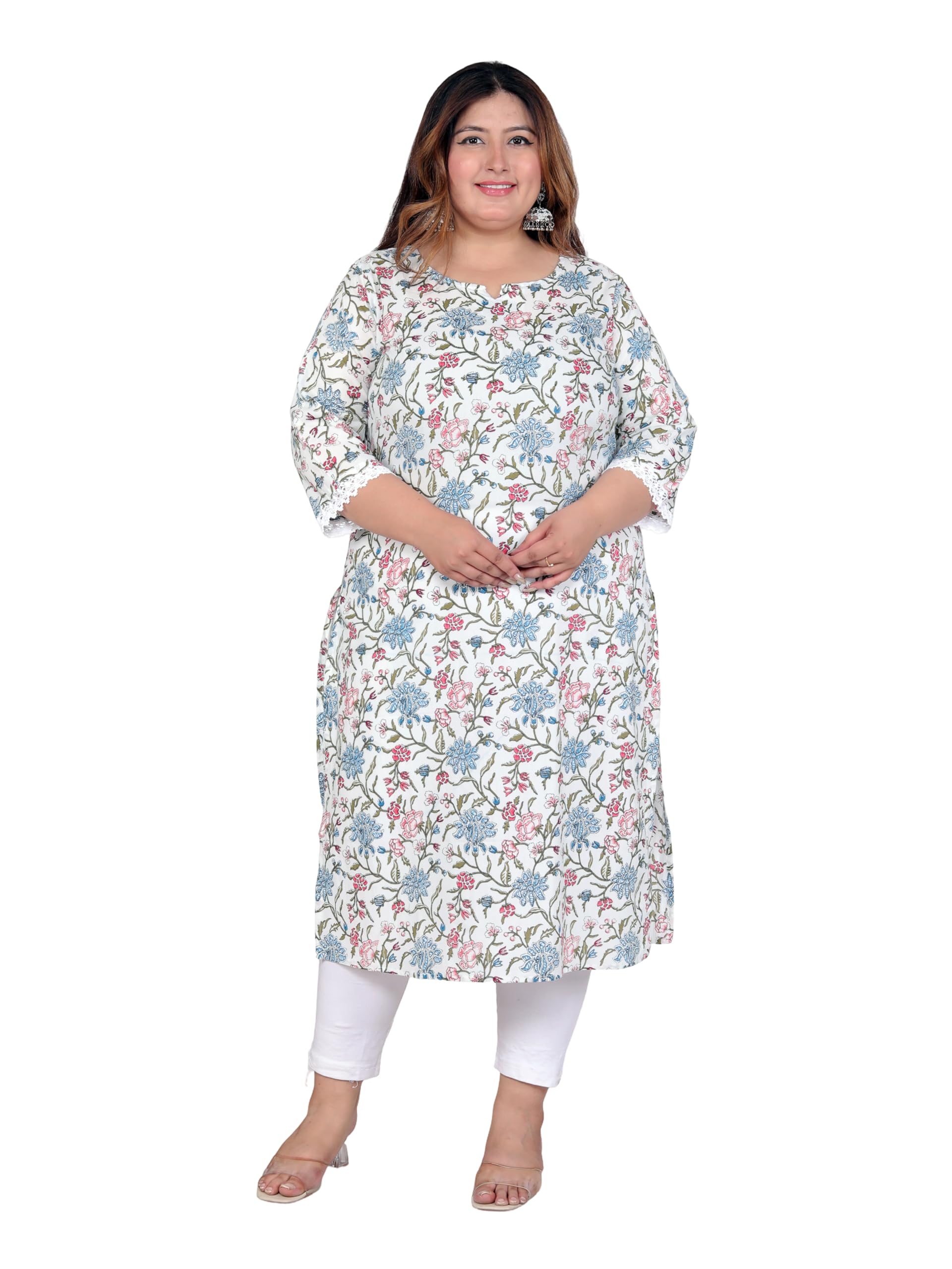 akritik Women's Floral Printed White Cotton Kurti with Lace Detailing - Plus Size-picture-15