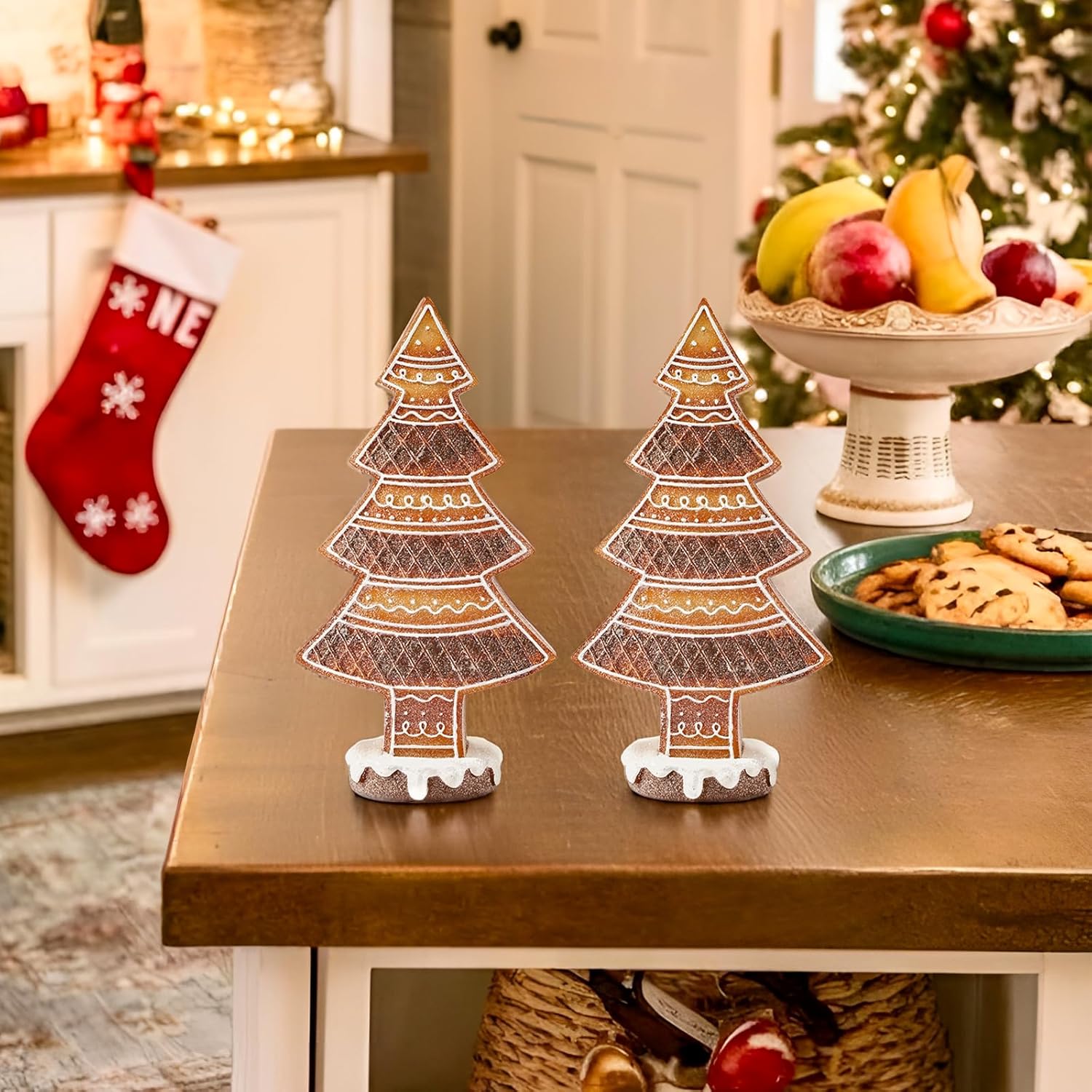 WDS WONDROUS Christmas Decorations Gingerbread Christmas Tree Collectible Figurines, Set of 2 Gingerbread Xmas Trees Decor Party Decoration Gift for Table Centerpiece Desktop