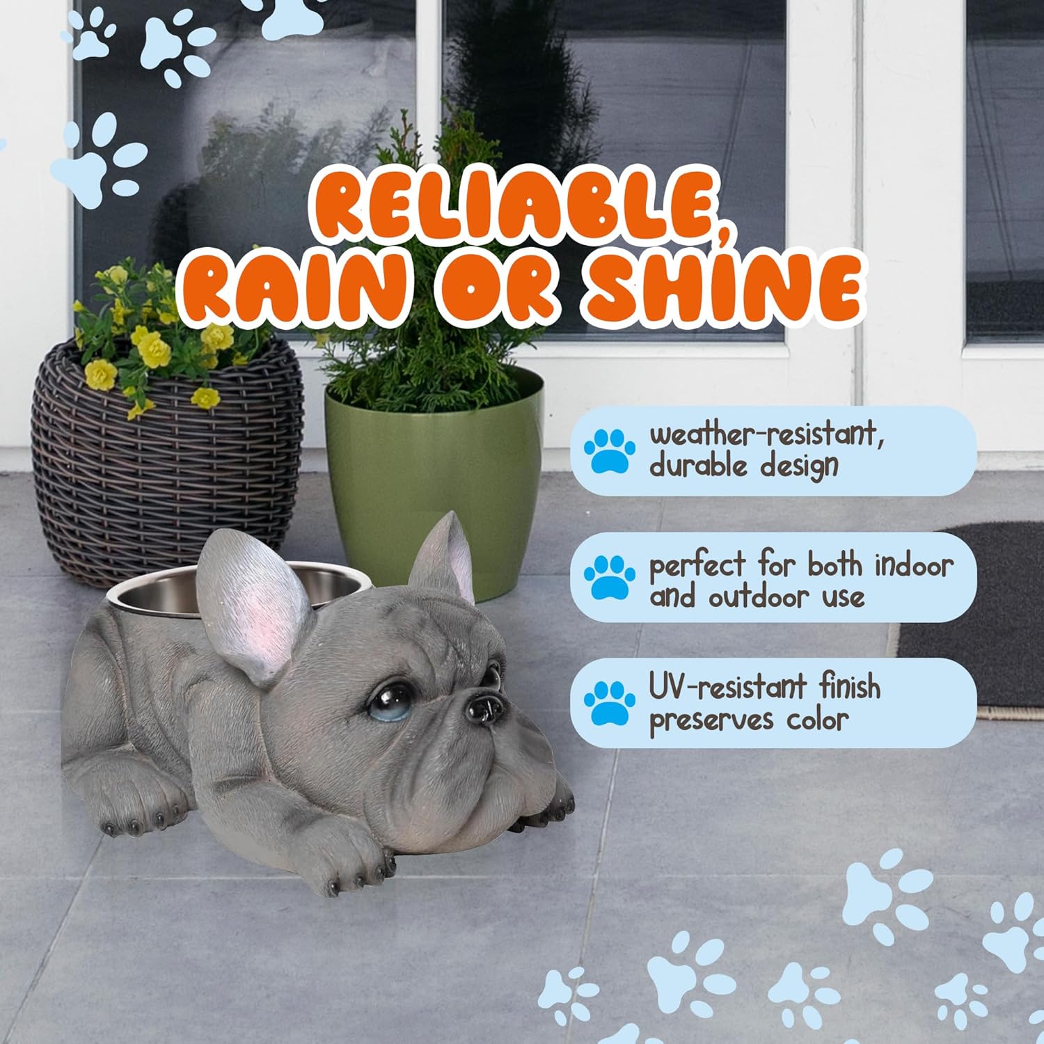 Forest & Twelfth Grey French Bulldog Resin Dog Food Bowl - Elevated Dog Bowl w/Stainless Steel Metal Bowl, Weather Resistant Pet Bowl Dog Dish, No Spill Dog Bowl for Indoor/Outdoor | 3 Cup Capacity