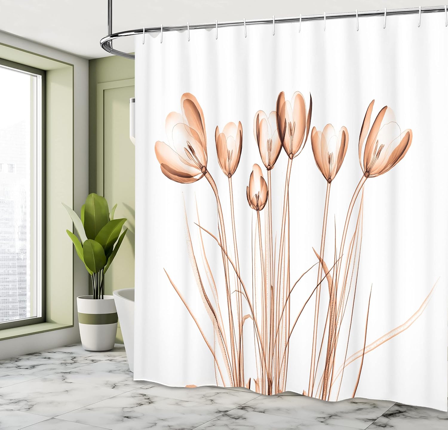 Ambesonne Flower Shower Curtain, X-ray Image of Tulips Solarized Effect Nature Inspired Illustration, Cloth Fabric Bathroom Decor Set with Hooks, 69" W x 70" L, Dark Peach