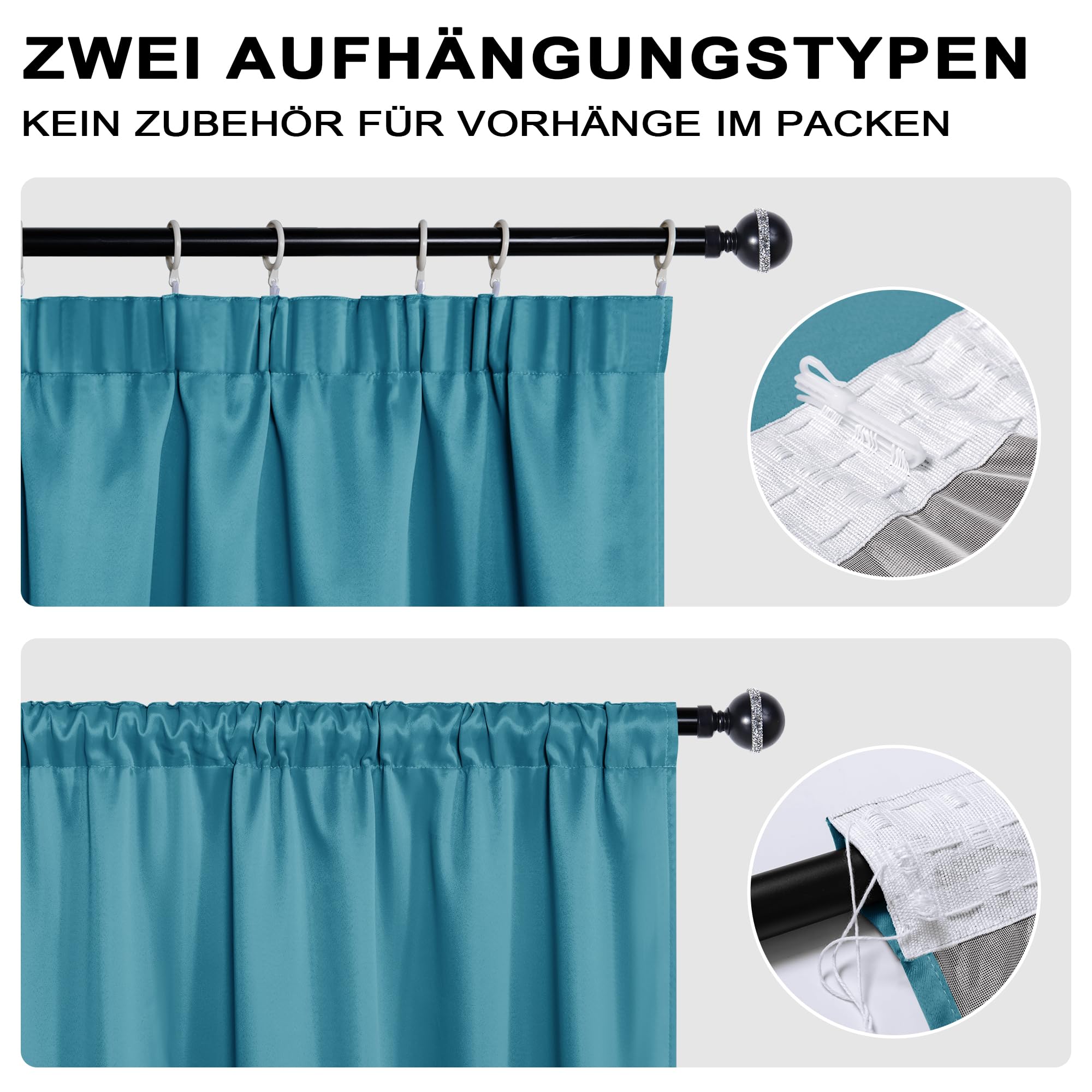 XWZO Lot de 2 rideaux 100 % opaques avec galon fronceur, double couche, occultants, thermiques, protection contre le froid, 175 x 140 cm (H x l) Bleu sarcelle