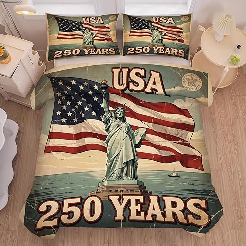kxry Juego de edredón de 250 años de Estados Unidos, tamaño individual, ropa de cama vintage de estatua de la libertad y bandera estadounidense,