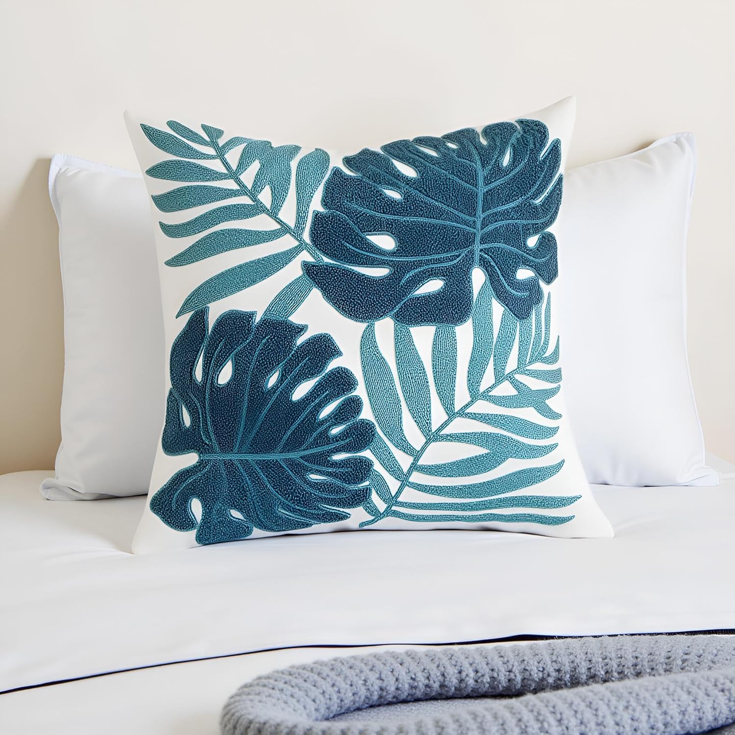 Tosleo Blue Tropical Leaf Embroidered Throw Pillow Covers 18x18 Inch Set of 2 Monstera Palm Leaves Couch Pillowcases Botanical Plant Cushion Case Spring Summer Home Decor for Living Room Bedroom Bed - Image 5