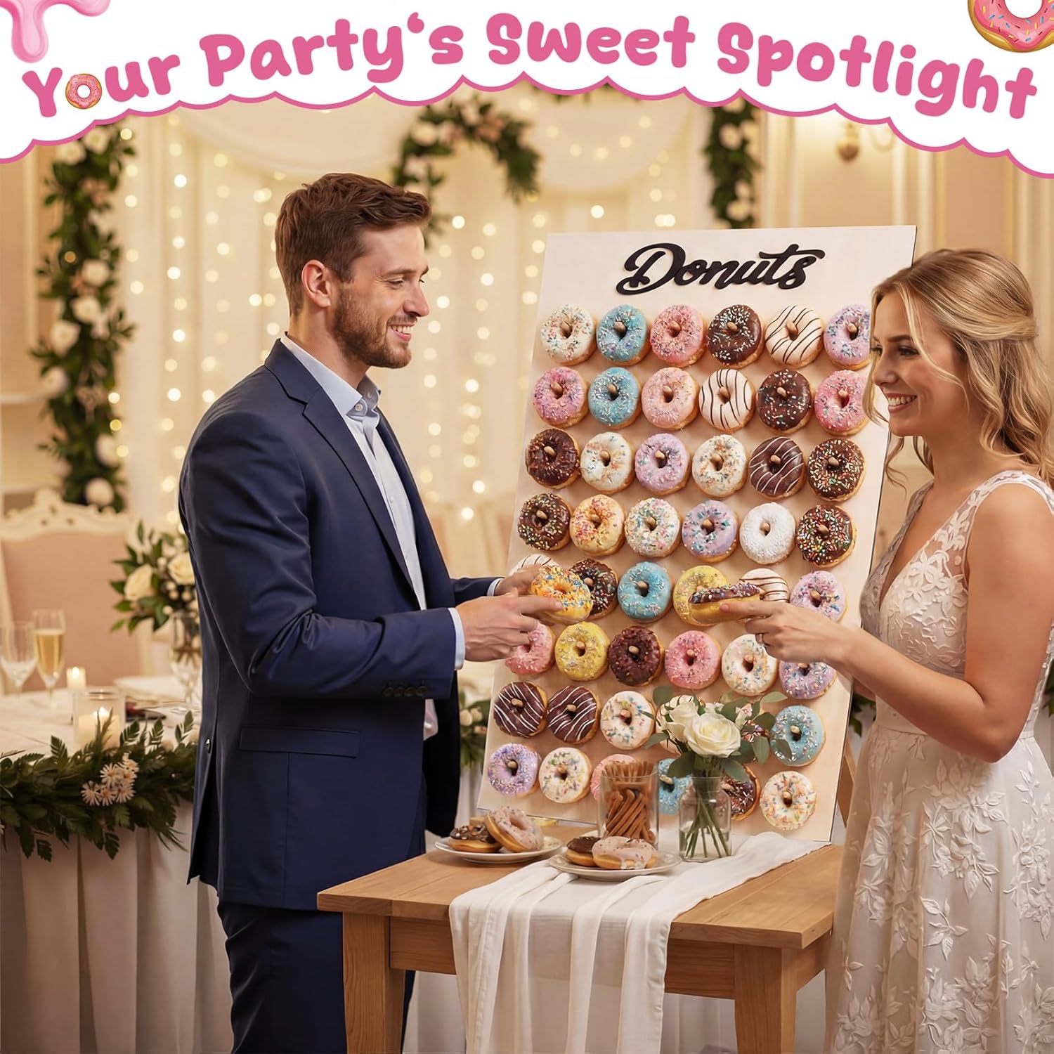 39.4" x 26" Extra Large Donut Wall Display Stand for 96 Donuts, Solid Wood Donut Wall Board for Wedding, Baby Shower, Birthday Party, Dessert Table Decorations
