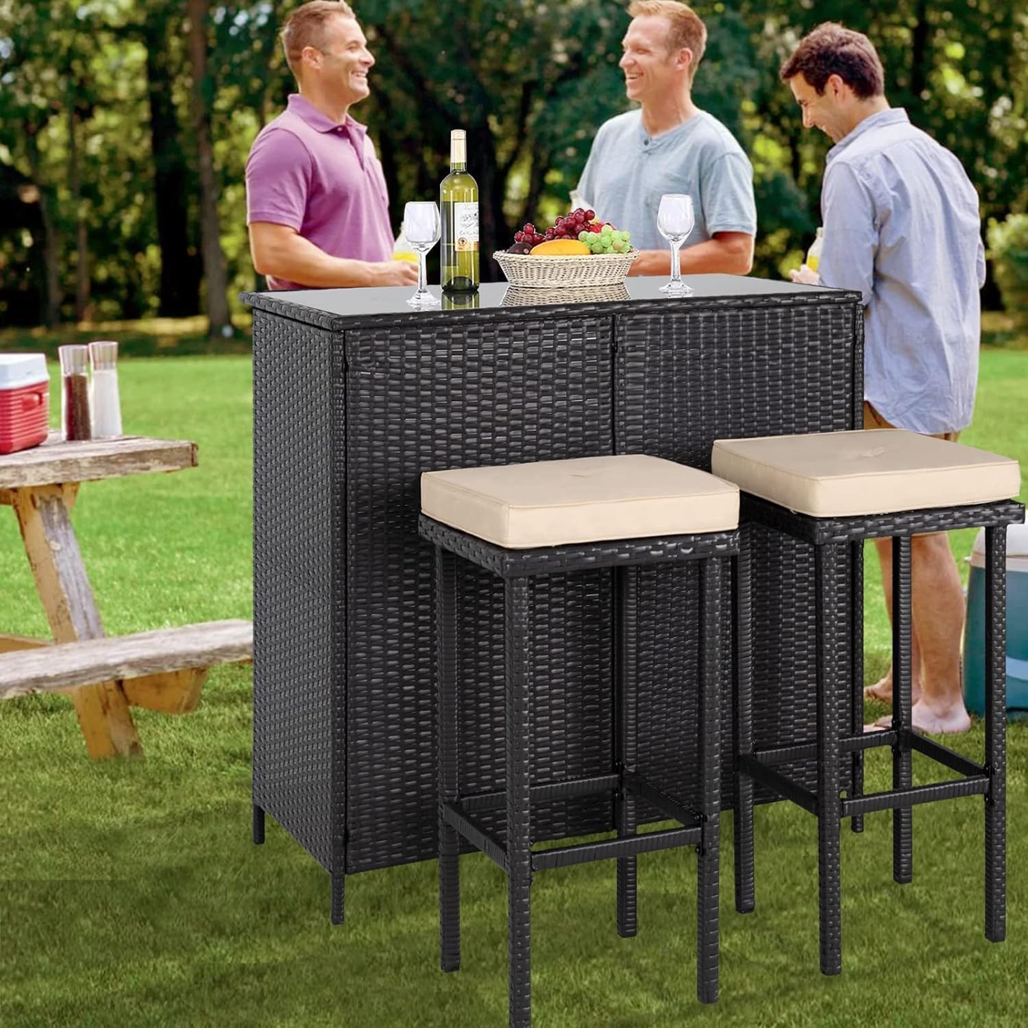 Outdoor Bar Set 3-Piece Rattan Wicker Patio Furniture, Glass Bar and Two Stools with Cushions and 9 FT Patio Umbrella for Patios, Backyards, Porches, Gardens or Poolside(Champagne)