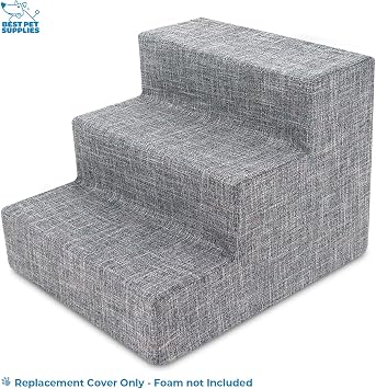 Best Pet Supplies Foam Pet Steps Cover for Small Dogs and Cats, Portable Ramp Stairs for Couch, Sofa, and High Bed Climbing (Cover Only) - Ash Gray Linen, 3-Step (Cover Only)
