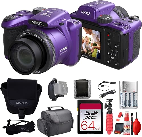MINOLTA MN40Z 20 Mega Pixels 40x Optical Zoom Digital Camera with 1080p FHD Video (Purple) Bundle with 64GB Memory Card + Vlog Tripod + 4xAA Battery with Charger + Accessories