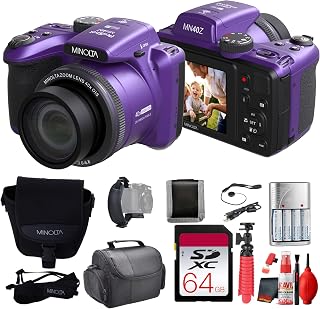 MINOLTA MN40Z 20 Mega Pixels 40x Optical Zoom Digital Camera with 1080p FHD Video (Purple) Bundle with 64GB Memory Card + Vlog Tripod + 4xAA Battery with Charger + Accessories