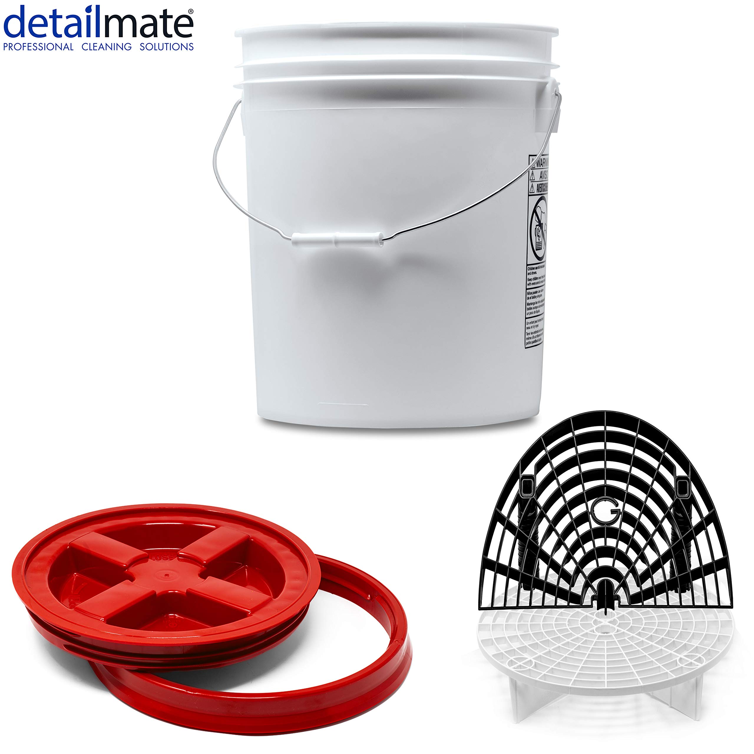 Detailmate professionelles Wasch Eimer Set: Magic Bucket Wascheimer 5 GAL (ca. 20 Liter), Gamma Seal Eimerdeckel rot, GritGuard Schmutz Einsatz weiß, GritGuard Washboard schwarz