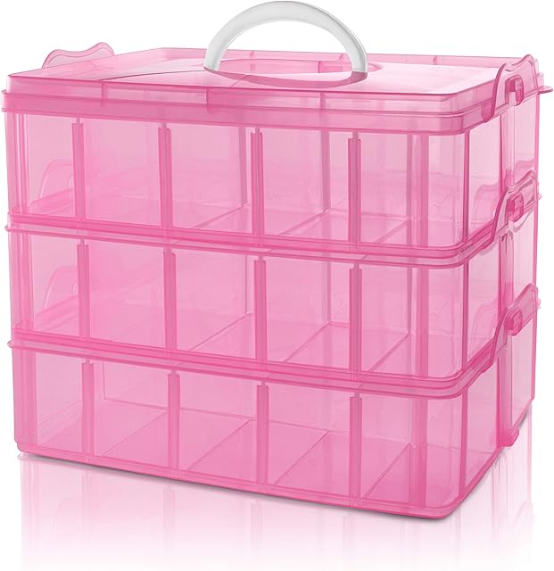BELLE VOUS 3 Tier Pink Transparent Plastic Stackable Storage Box - Adjustable Compartment Slots - Max 30 Compartments - Container for Storing & Organising Toys, Jewellery, Beads, Arts & Crafts, Tools