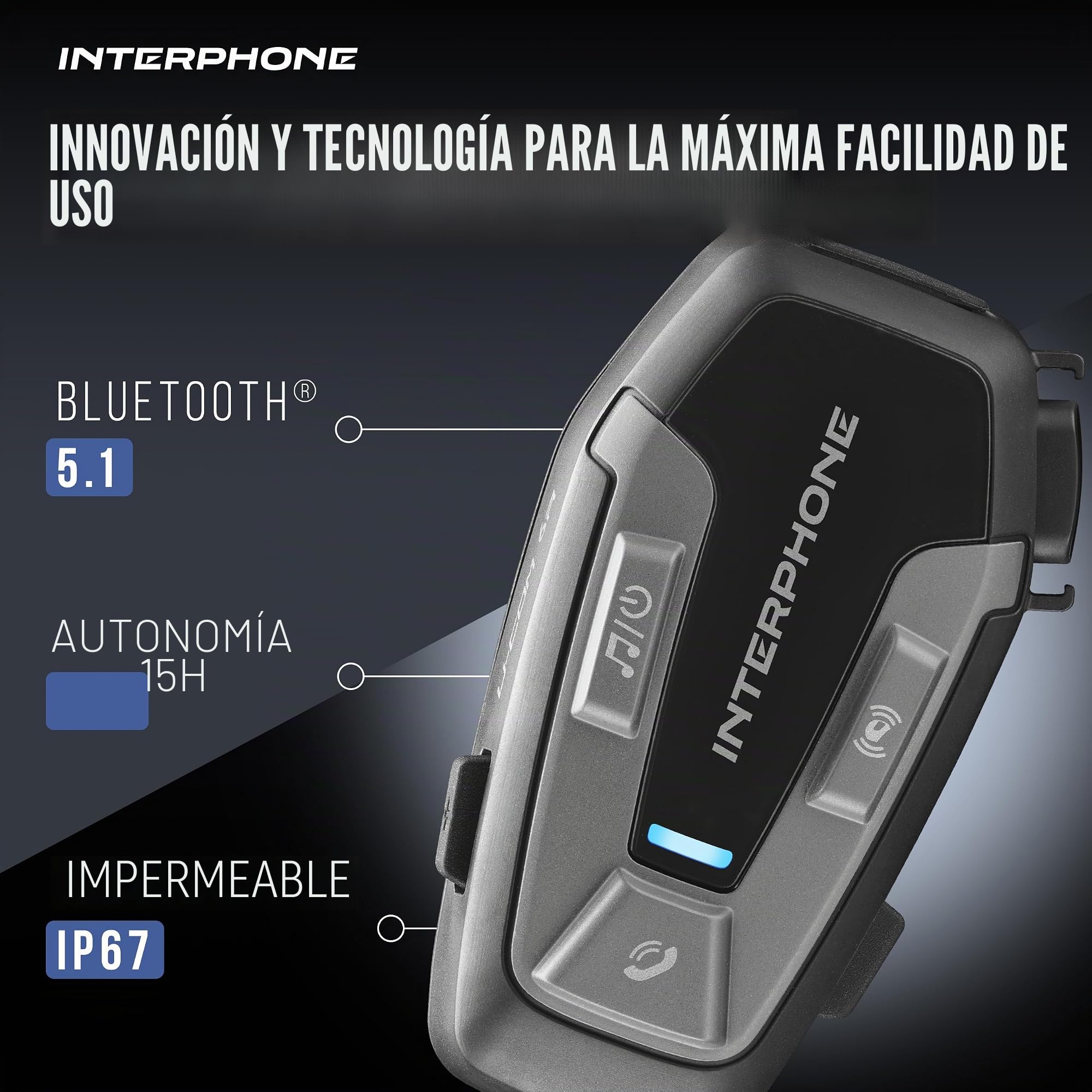 Interphone U-COM 6R – Intercomunicador Moto Individual con Kit para Segundo Casco, Comunicación Bluetooth 5.1 hasta 1 km para GPS y Llamadas, Batería 15h, Resistente al Agua IP67