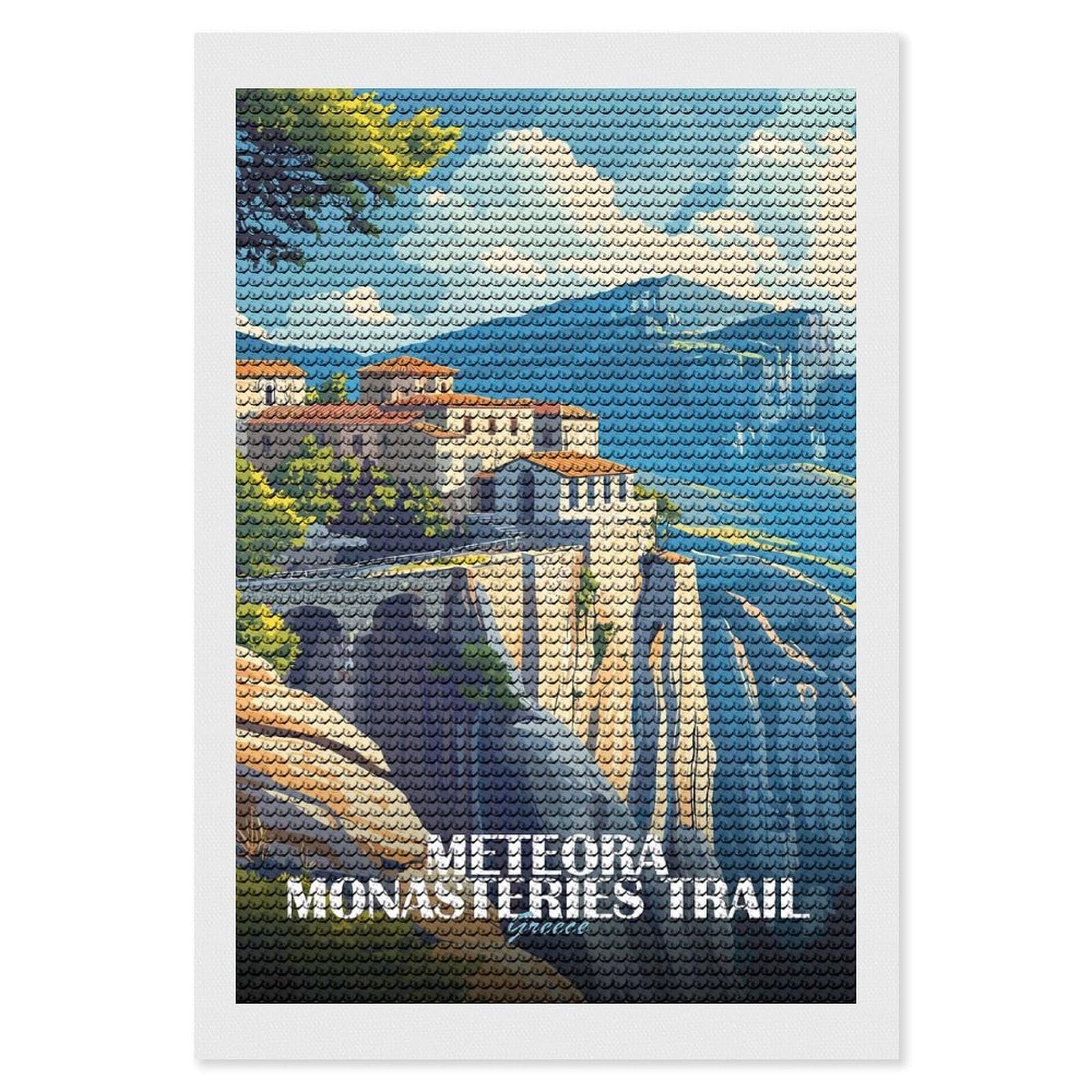 Junmoney Meteora Monasteries Trail Greece Illustration Diamond Painting Set 8"x12", Stress Relief Craft, Easy to Enjoy, Vintage Style Decor, Festive Craft Gift