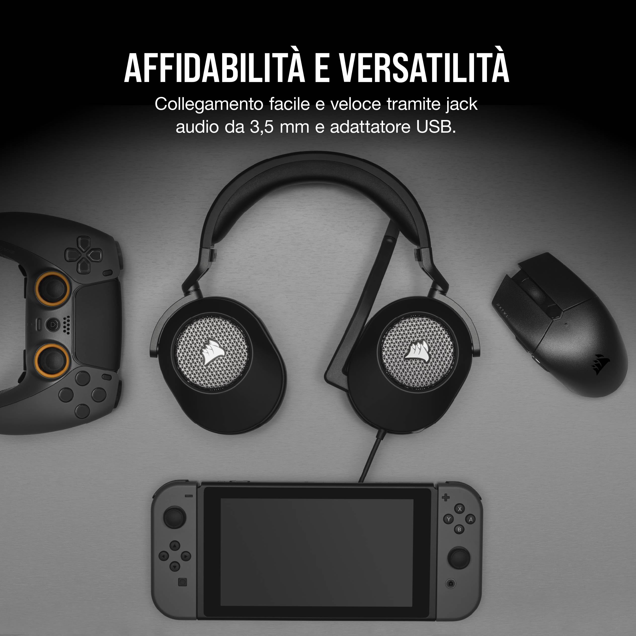 Corsair HS65 Surround Cuffie Gaming Cablate 7.1 Multipiattaforma Carbonio Dolby Surround SonarWorks SoundID iCUE PC Mac PS5 PS4 Xbox Nintendo Switch Mobile