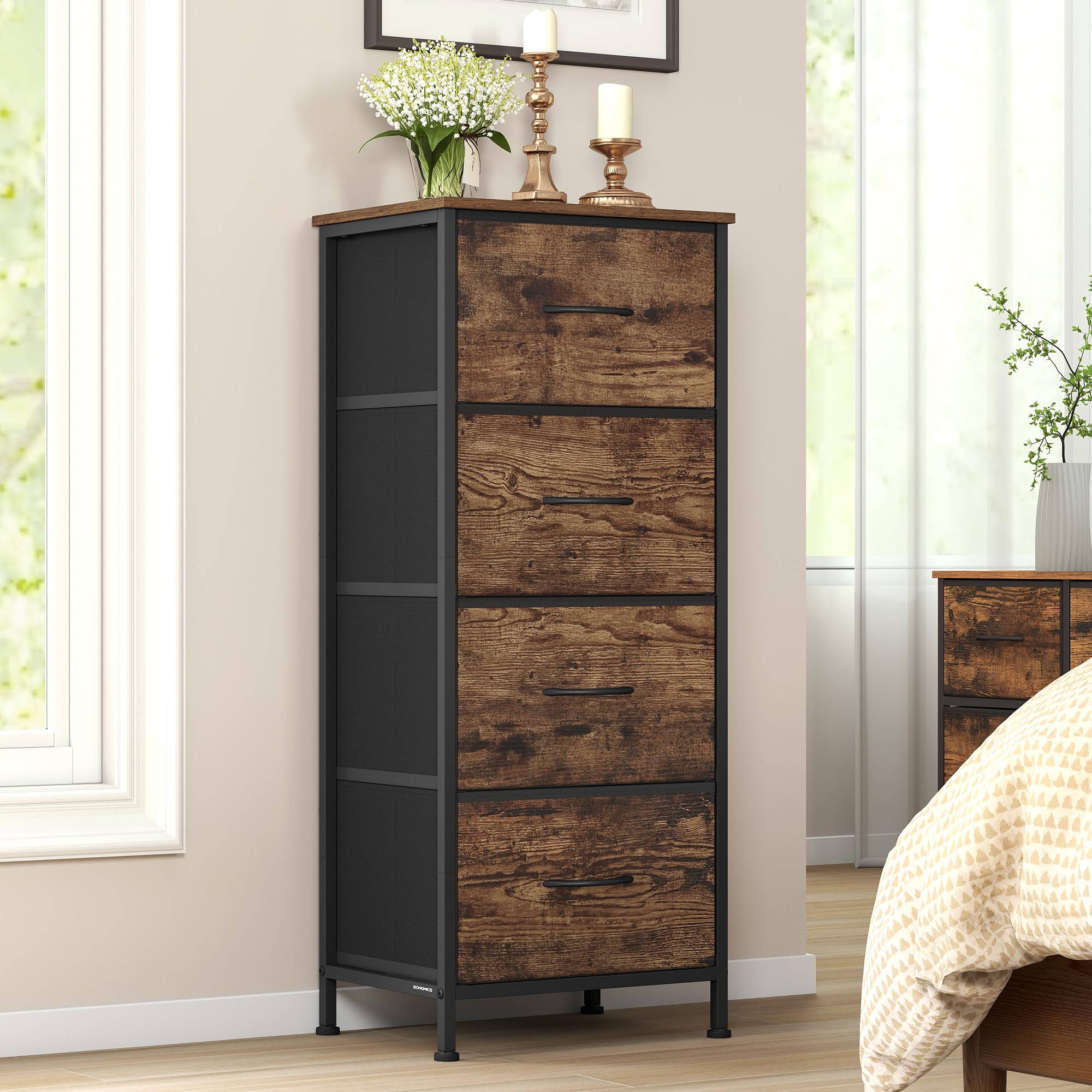 SONGMICS Chest of Drawers, 4 Fabric Drawers Storage Unit, Steel, MDF, Non-Woven Fabric, for Bedroom, Closet, Hallway, Living Room, Rustic Brown and Ink Black LGS314BH04