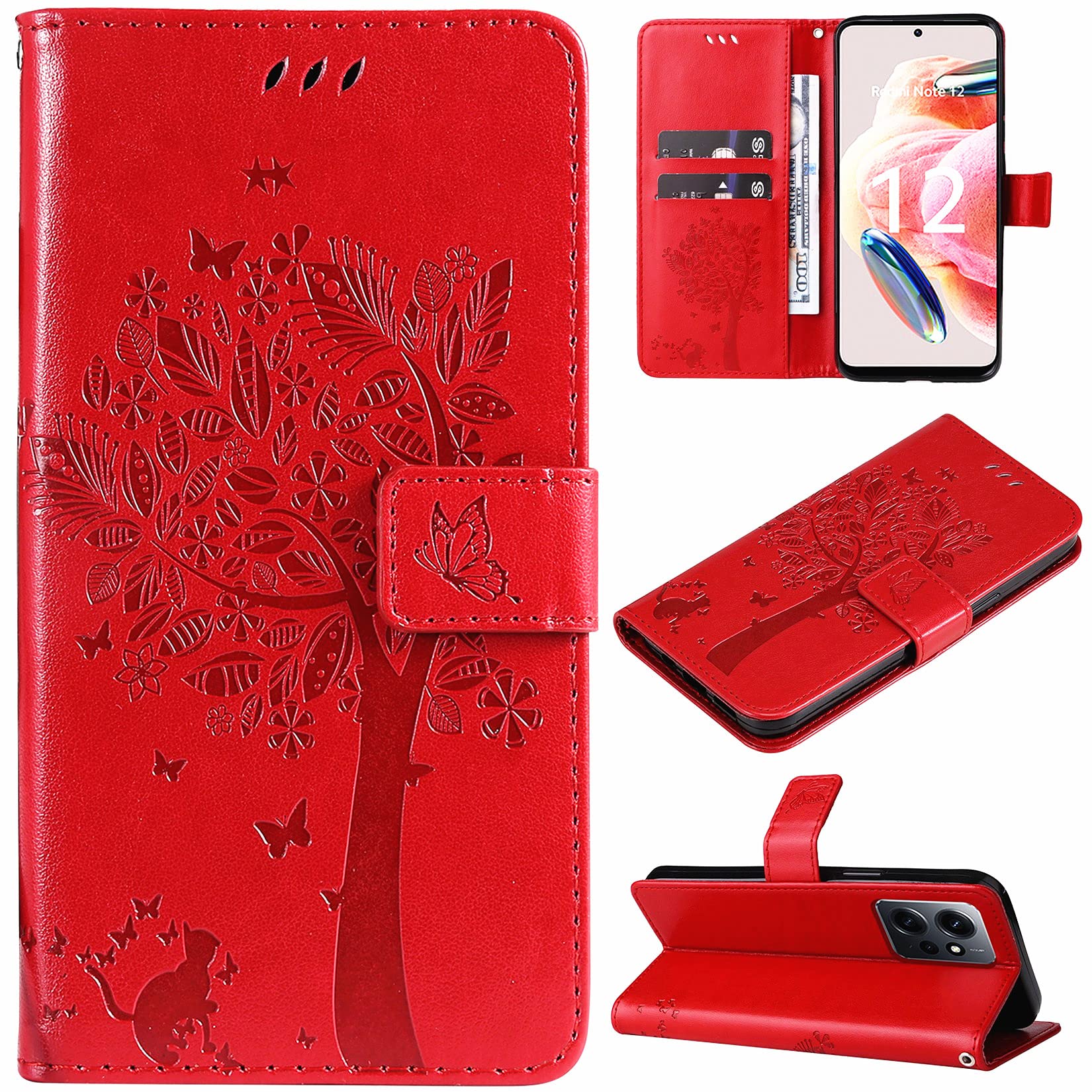 Custodia Portafoglio In Pelle Con Disegni Per Xiaomi Redmi Note 12 4G | Flip Case Magnetica Con Slot Carte E Cavalletto | Rosso - 4