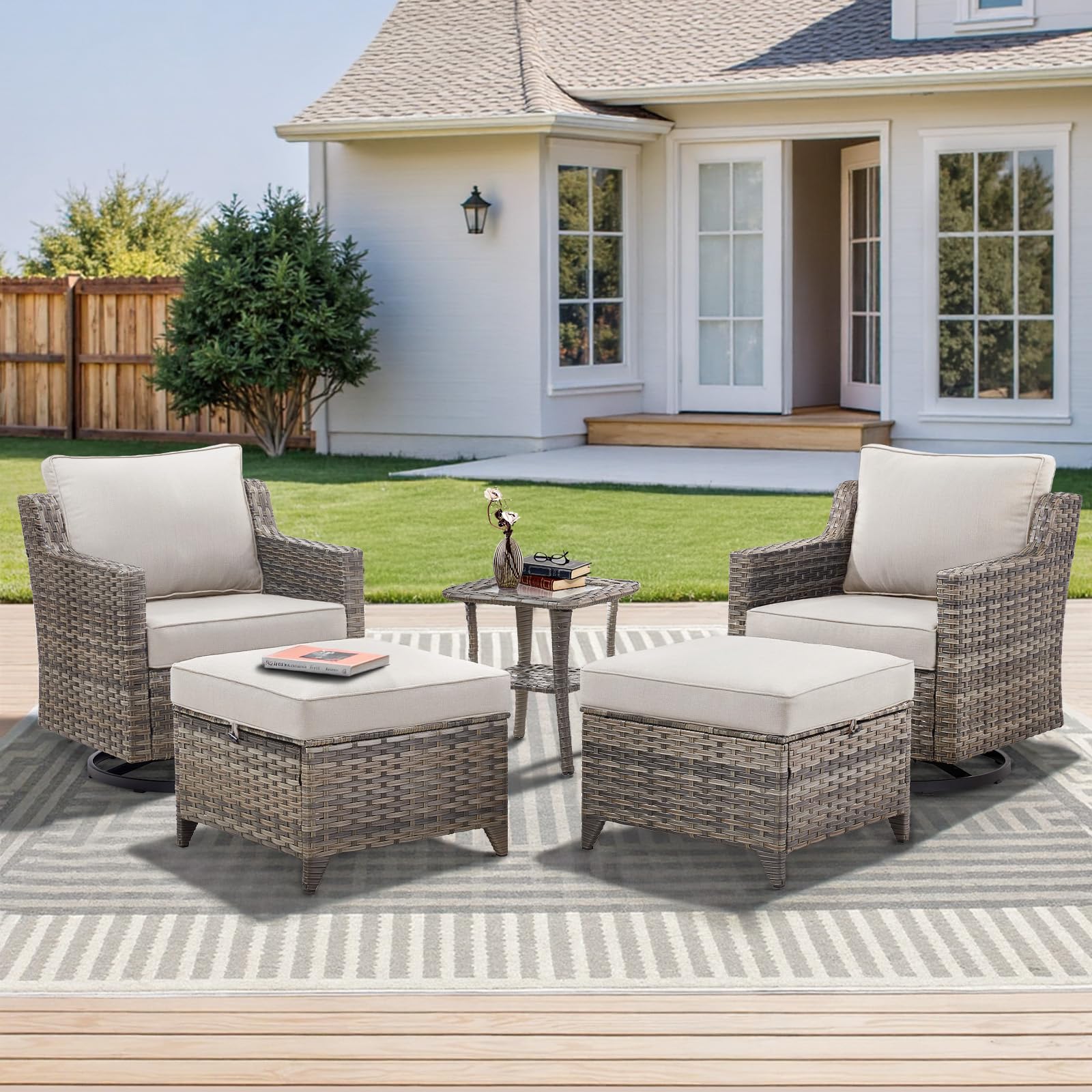 Buenhomino 5 Pieces Outdoor Patio Furniture Set-All-Weather Wicker Patio Swivel Glider Chairs with 2 Ottoman and Glass Side Table, Patio Conversation Sets for Porch Balcony Deck - Beige/Grey